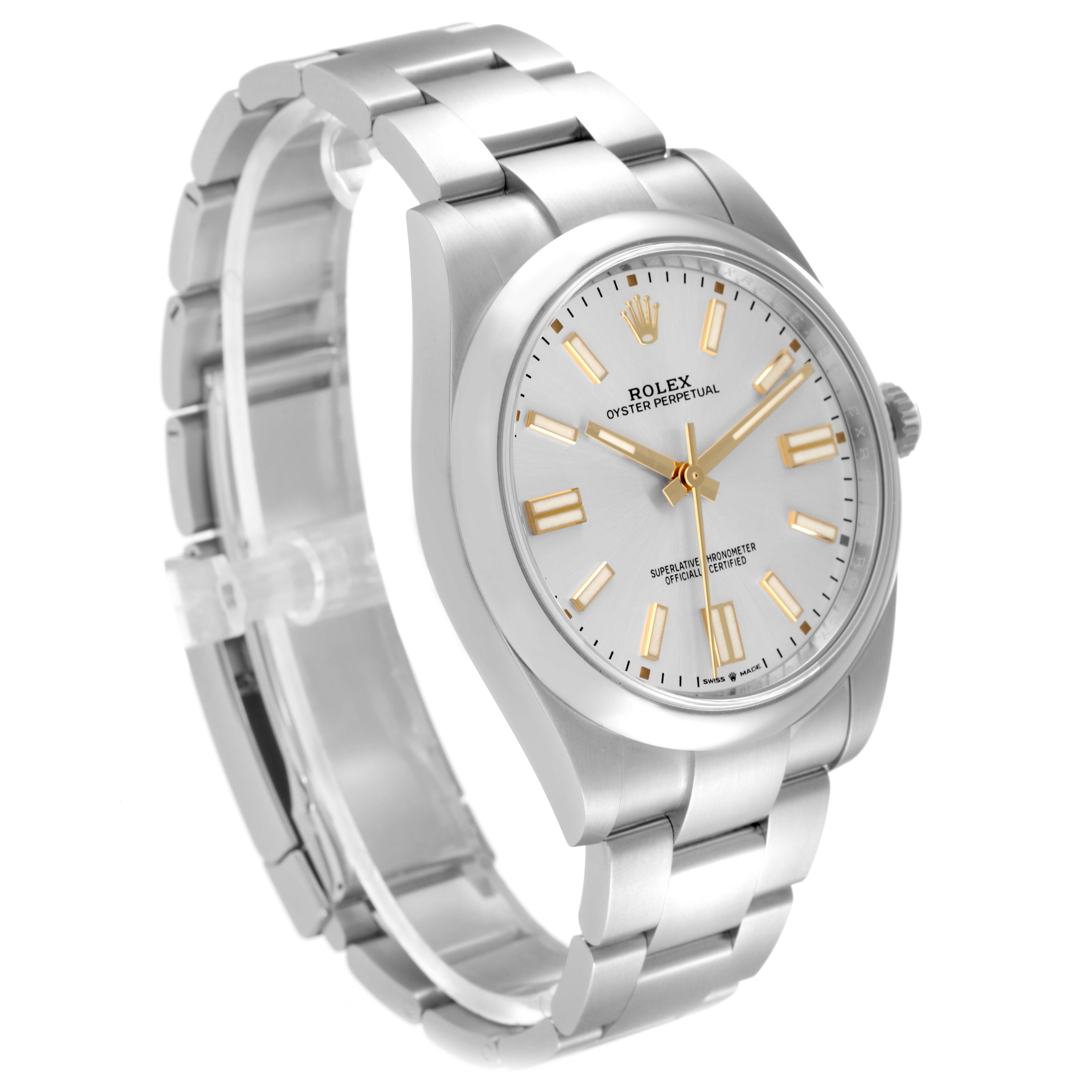 The image shows a Rolex Oyster Perpetual 124300 Men's Stainless Steel Silver Dial 124300 Men's Stainless Steel Silver Dial watch from a three-quarter angle, highlighting the bracelet, case, dial, and crown.