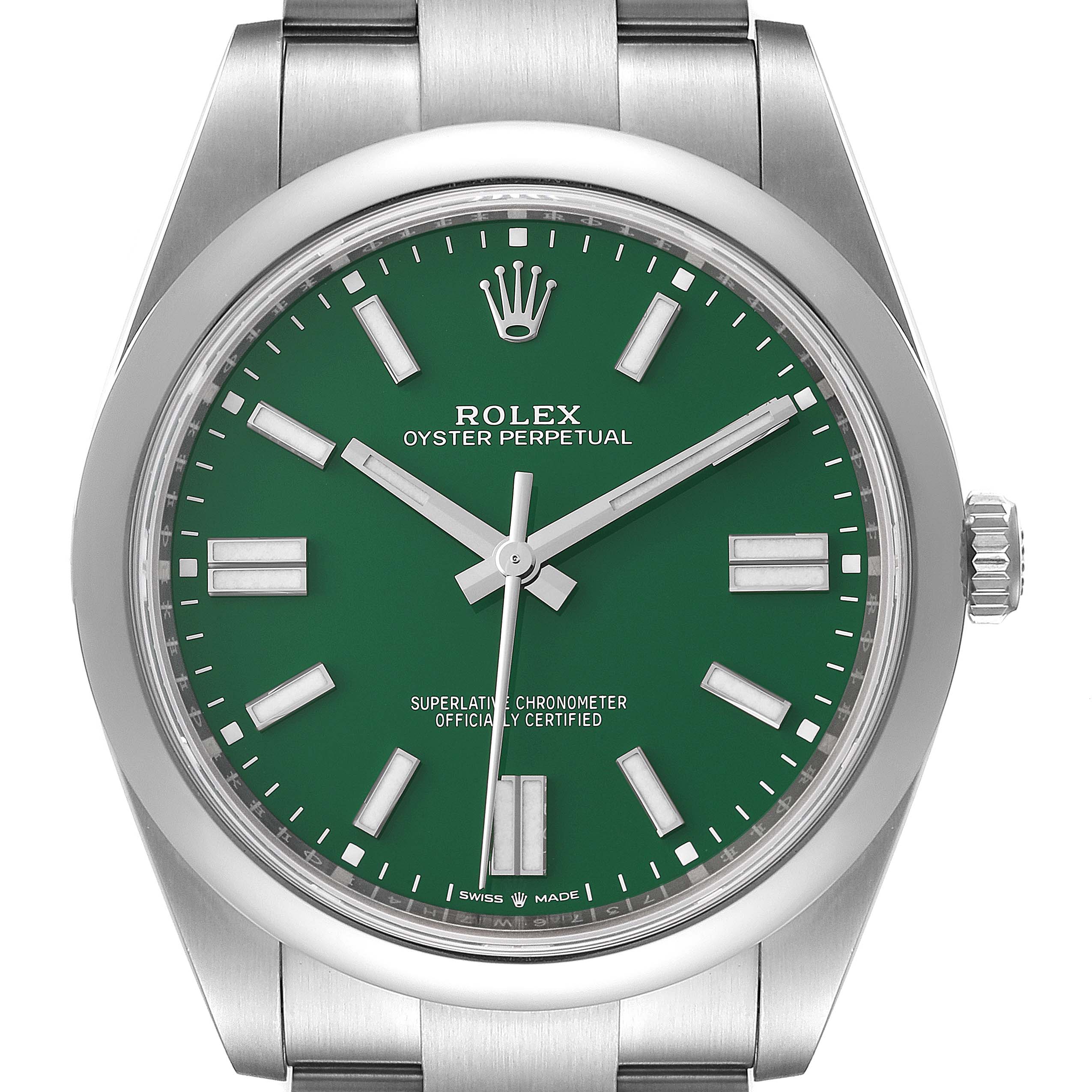 The image shows a front view of a Rolex Oyster Perpetual 124300 Men's Stainless Steel Green Dial 124300 Men's Stainless Steel Green Dial watch featuring a green dial, hour markers, hands, crown, and part of the bracelet.