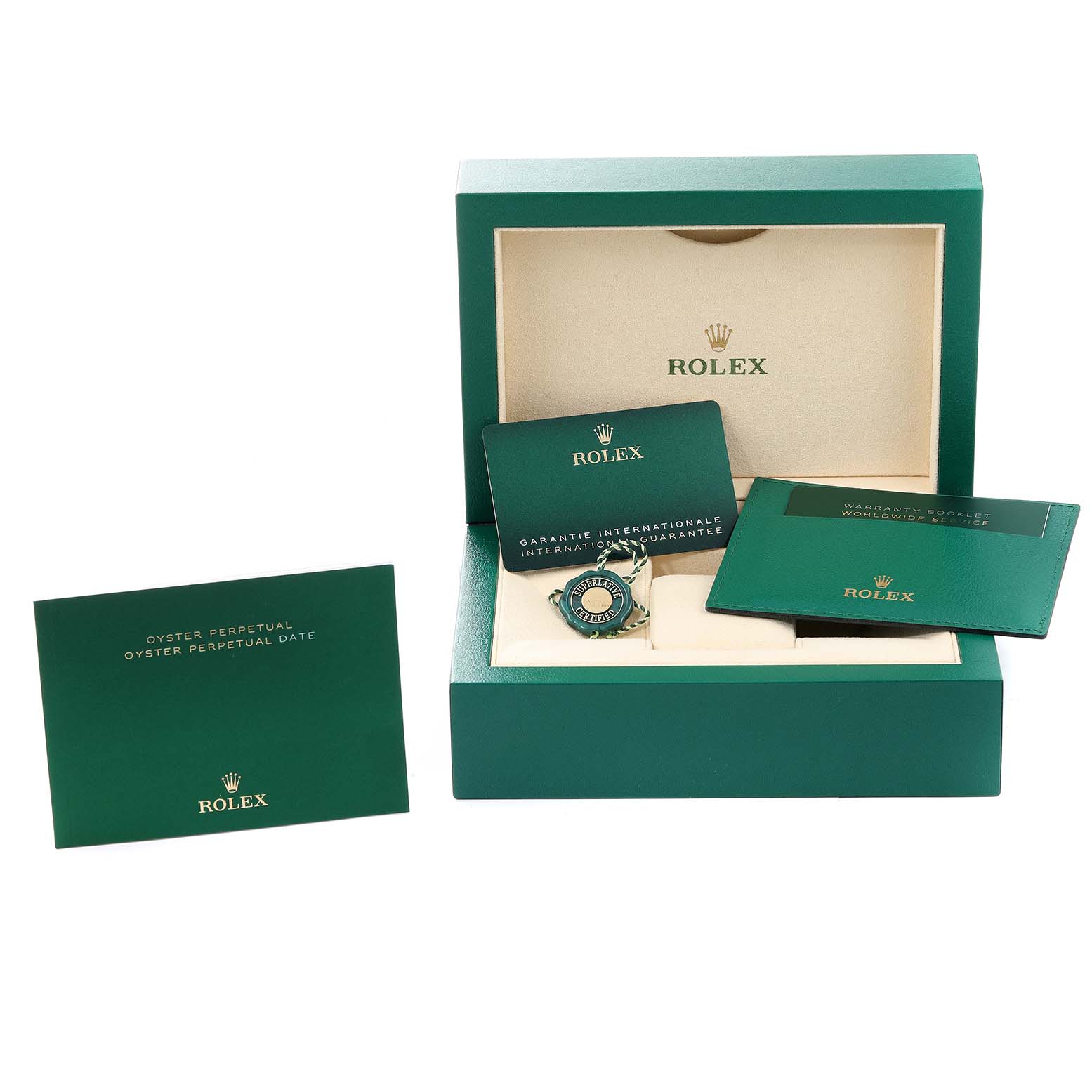 The image shows a Rolex Oyster Perpetual 124300 Men's Stainless Steel Green Dial 124300 Men's Stainless Steel Green Dial watch box, warranty booklet, guarantee card, and a tag, all arranged at eye level.