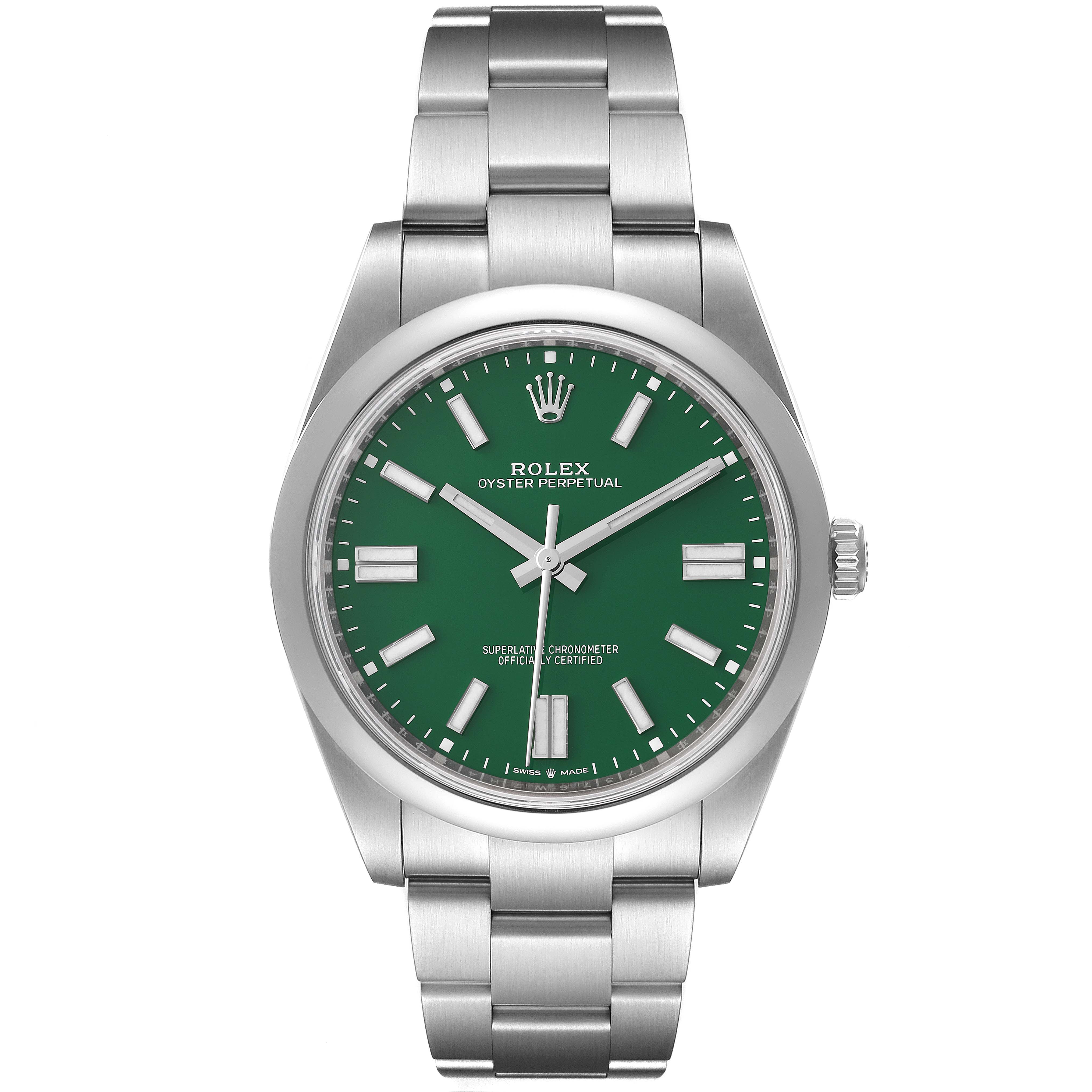 The image shows a front view of a Rolex Oyster Perpetual 124300 Men's Stainless Steel Green Dial 124300 Men's Stainless Steel Green Dial watch, displaying its green dial and stainless steel bracelet.