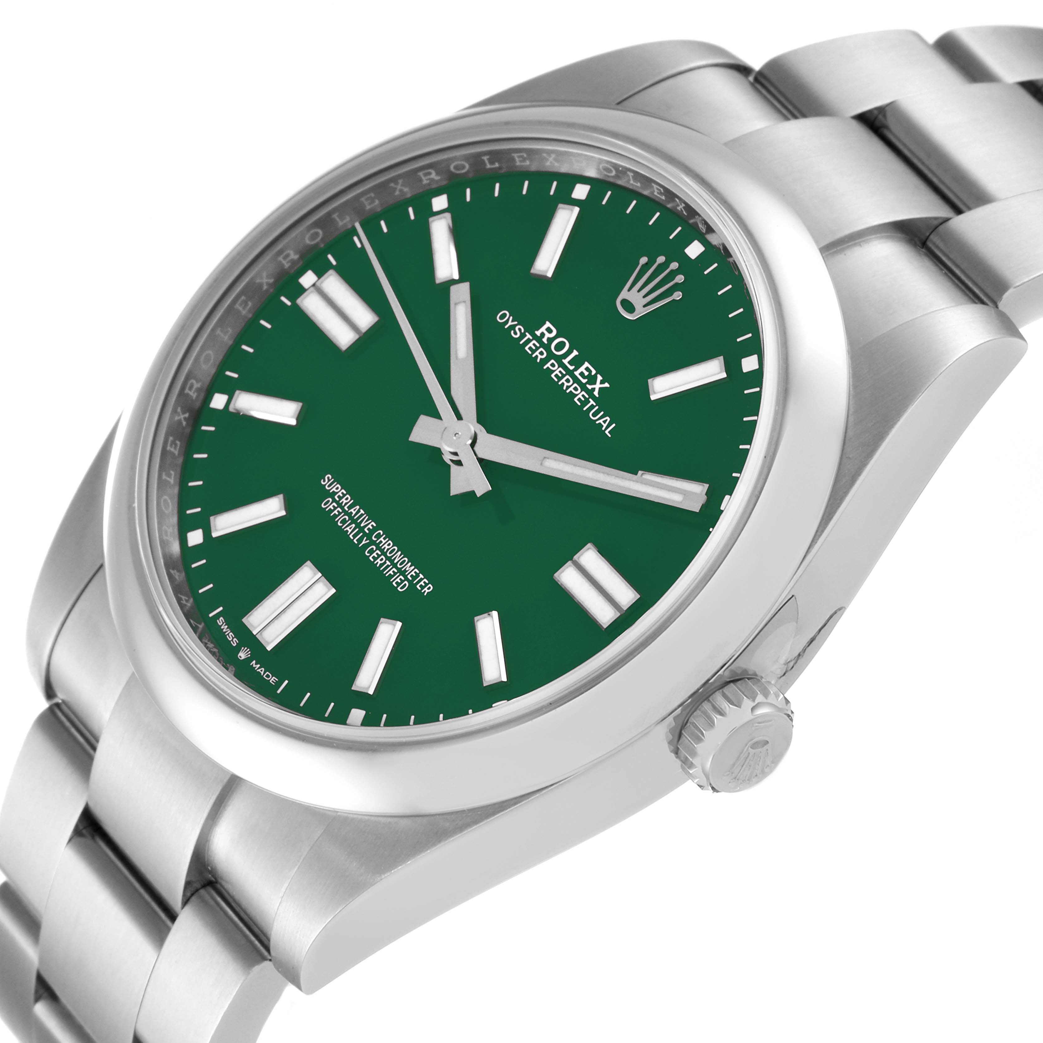 The Rolex Oyster Perpetual 124300 Men's Stainless Steel Green Dial 124300 Men's Stainless Steel Green Dial watch is shown at an angled close-up view, displaying the green dial, hour markers, crown, and part of the bracelet.