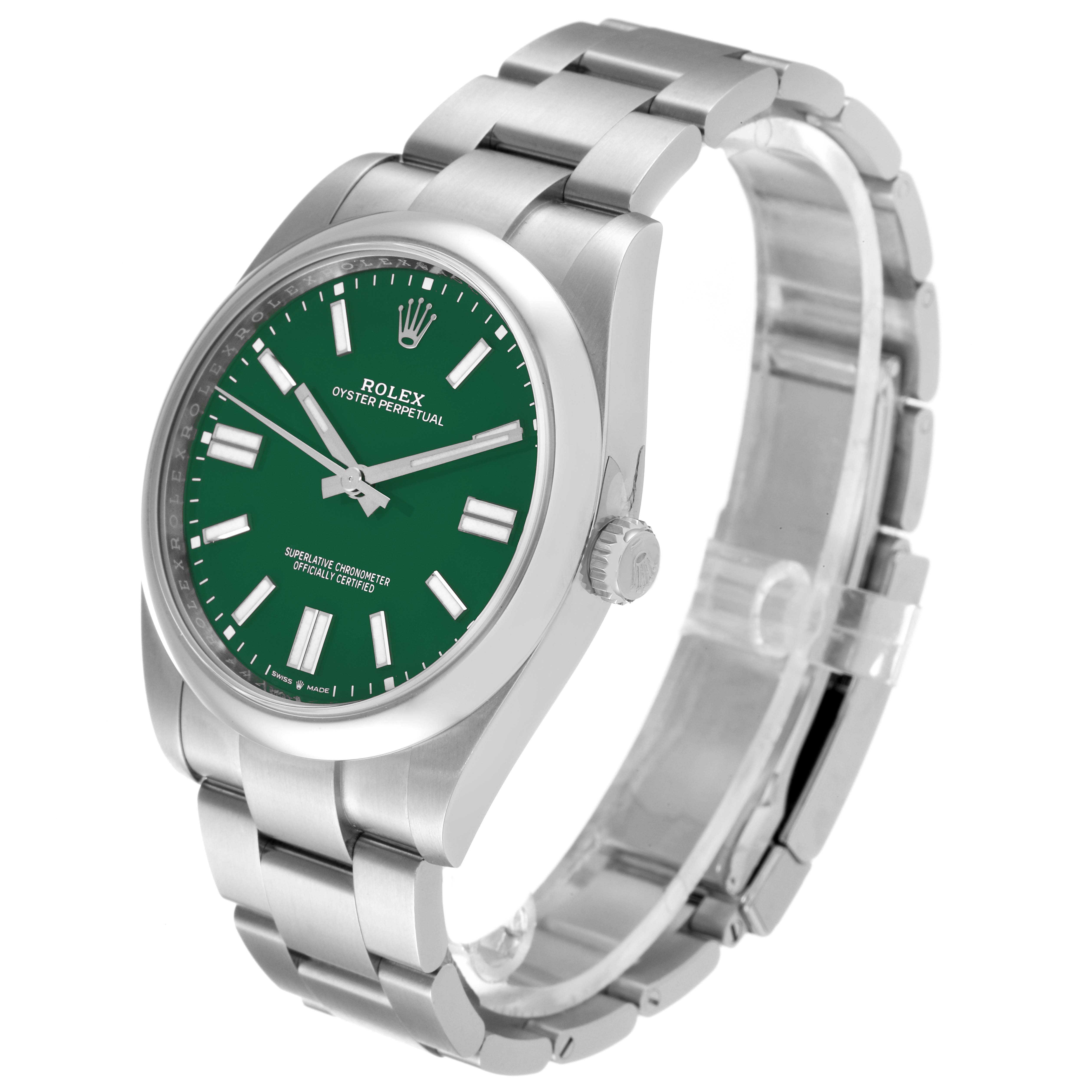The Rolex Oyster Perpetual 124300 Men's Stainless Steel Green Dial 124300 Men's Stainless Steel Green Dial watch is shown at a slight angle, highlighting its green dial, bezel, crown, and stainless steel bracelet.