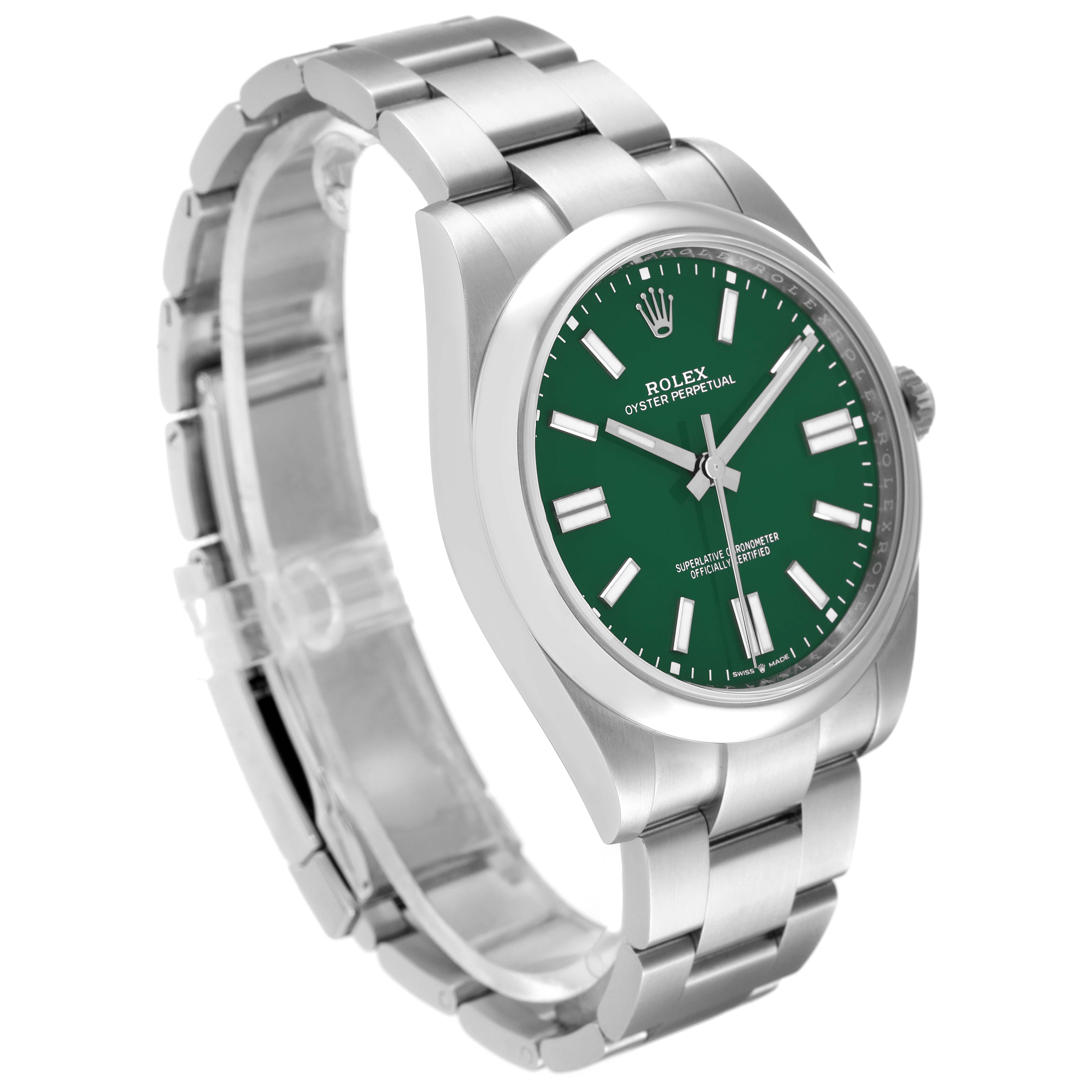The image shows a green-dial Rolex Oyster Perpetual 124300 Men's Stainless Steel Green Dial 124300 Men's Stainless Steel Green Dial from a left-side angle, highlighting the case, bracelet, and dial.