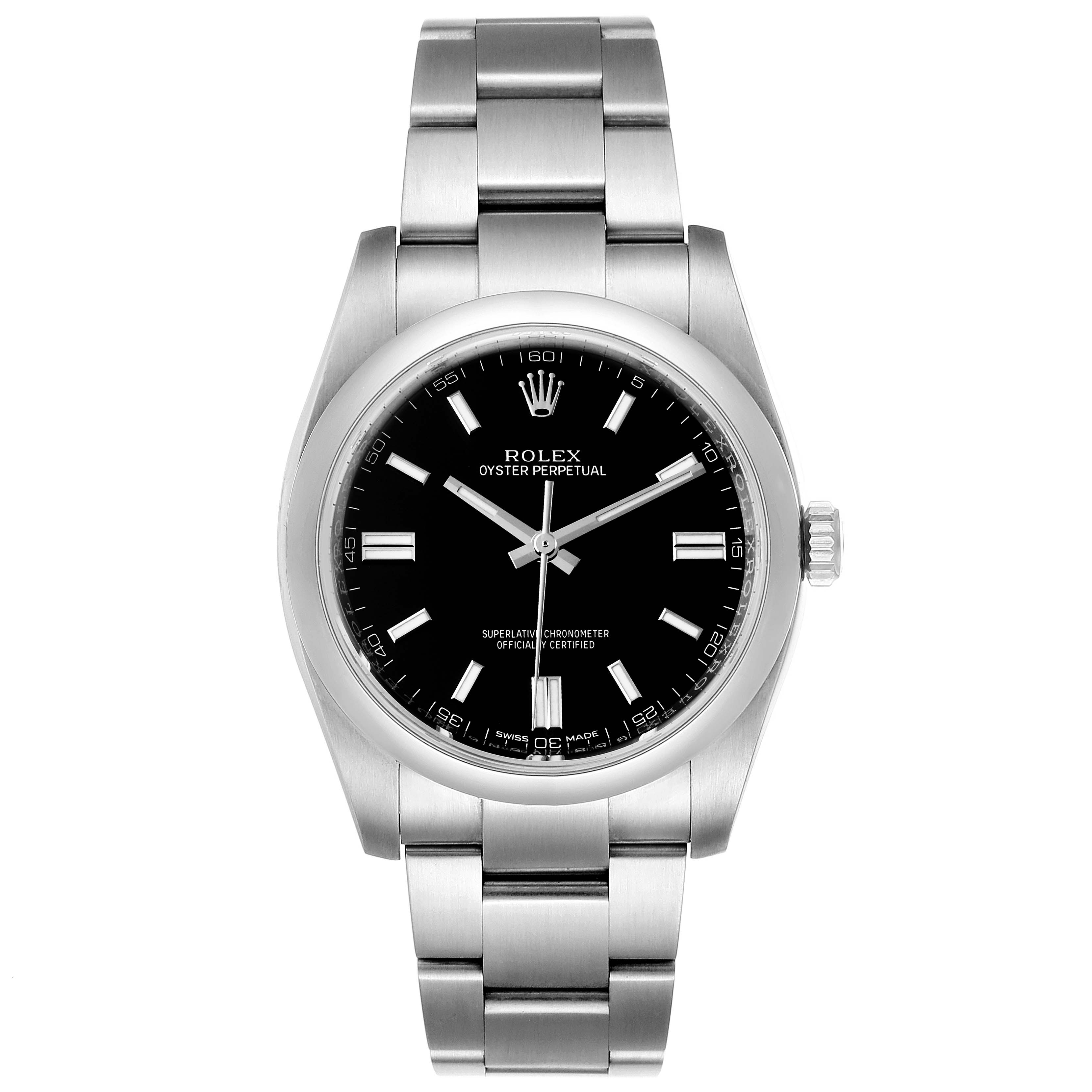 This image shows a front view of a Rolex Oyster Perpetual 116000 Men
s Stainless Steel Black Dial 116000 Men
s Stainless Steel Black Dial watch, highlighting its black dial, stainless steel case, and bracelet.