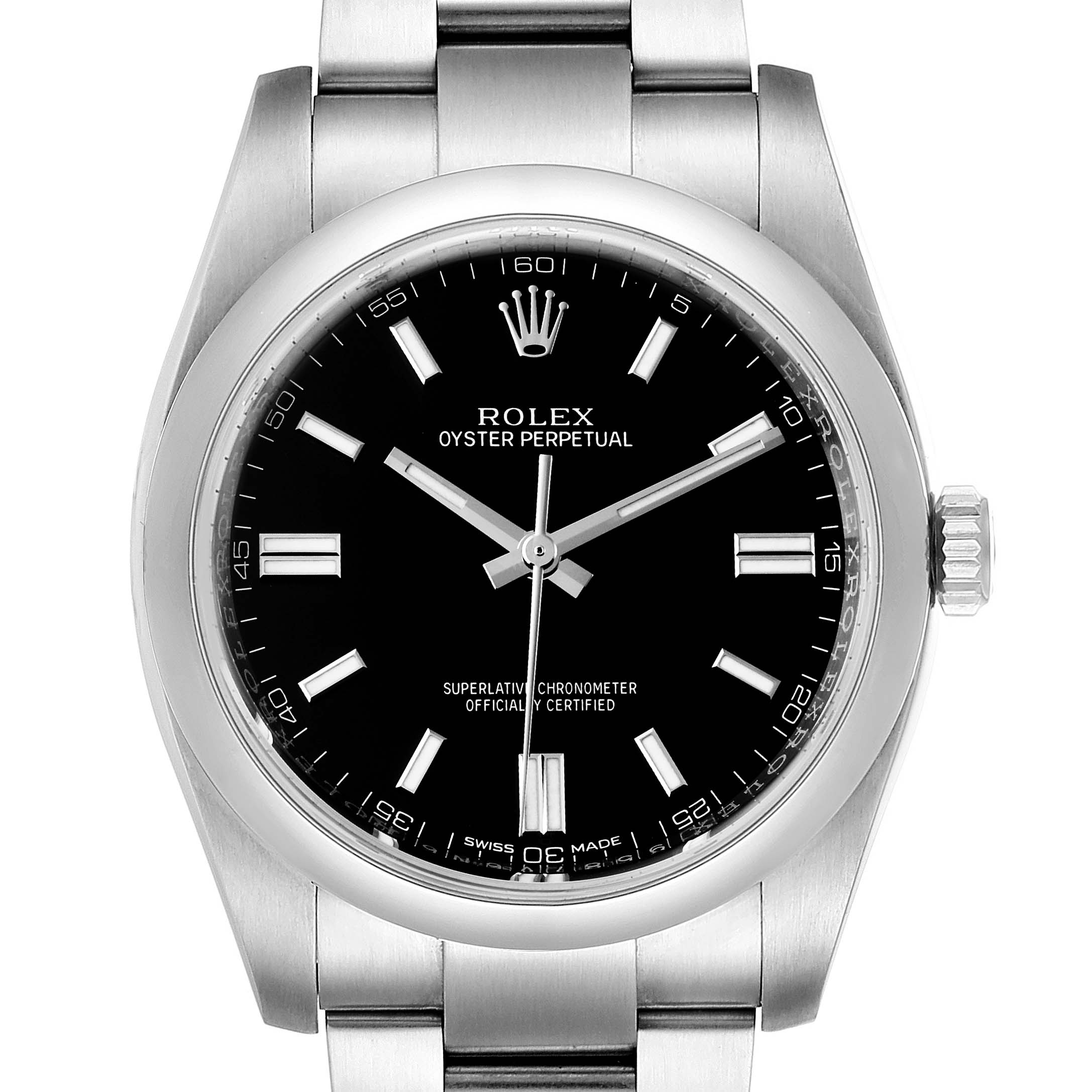 This image shows the face and part of the bracelet of a Rolex Oyster Perpetual 116000 Men
s Stainless Steel Black Dial 116000 Men
s Stainless Steel Black Dial watch from a straight-on angle.