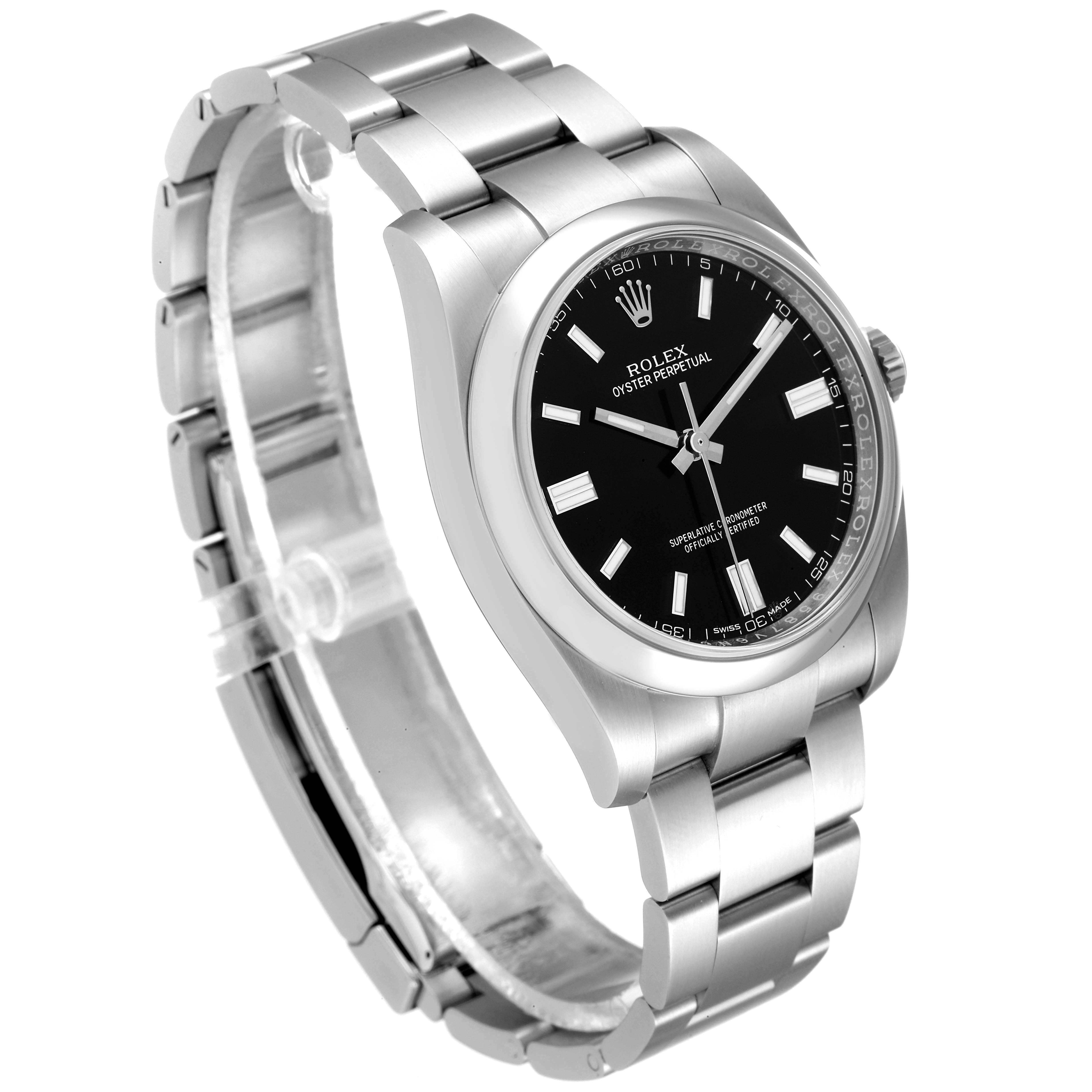 This image shows a Rolex Oyster Perpetual 116000 Men
s Stainless Steel Black Dial 116000 Men
s Stainless Steel Black Dial watch at an angle highlighting its face, bezel, and bracelet.