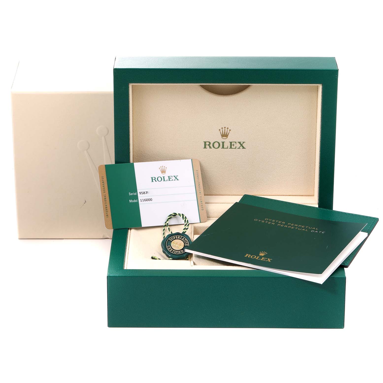 This image shows the open packaging, warranty card, tag, and manuals for a Rolex Oyster Perpetual 116000 Men
s Stainless Steel Black Dial 116000 Men
s Stainless Steel Black Dial watch.