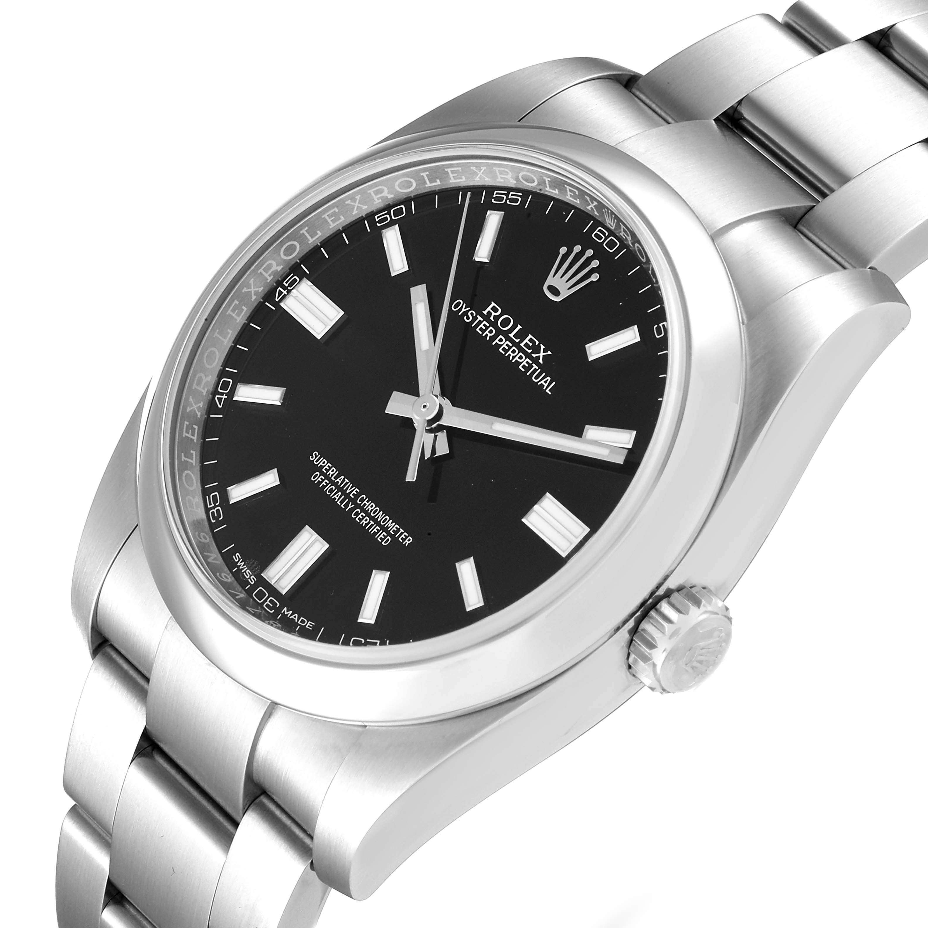 The image shows a side view of a Rolex Oyster Perpetual 116000 Men
s Stainless Steel Black Dial 116000 Men
s Stainless Steel Black Dial watch, highlighting its dial, case, bracelet, and crown.