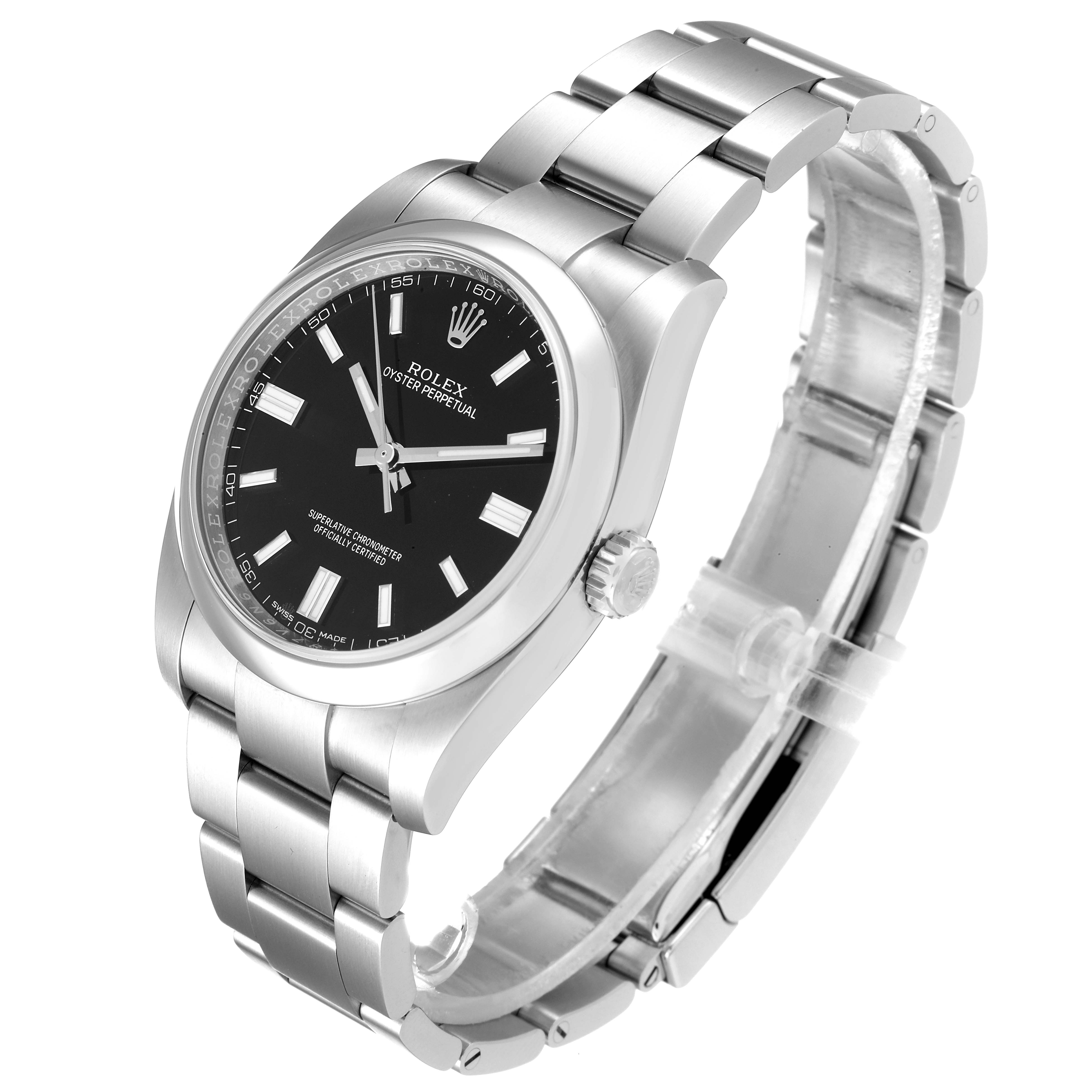 This image shows a Rolex Oyster Perpetual 116000 Men
s Stainless Steel Black Dial 116000 Men
s Stainless Steel Black Dial watch at a three-quarter angle, highlighting its face, crown, and bracelet.