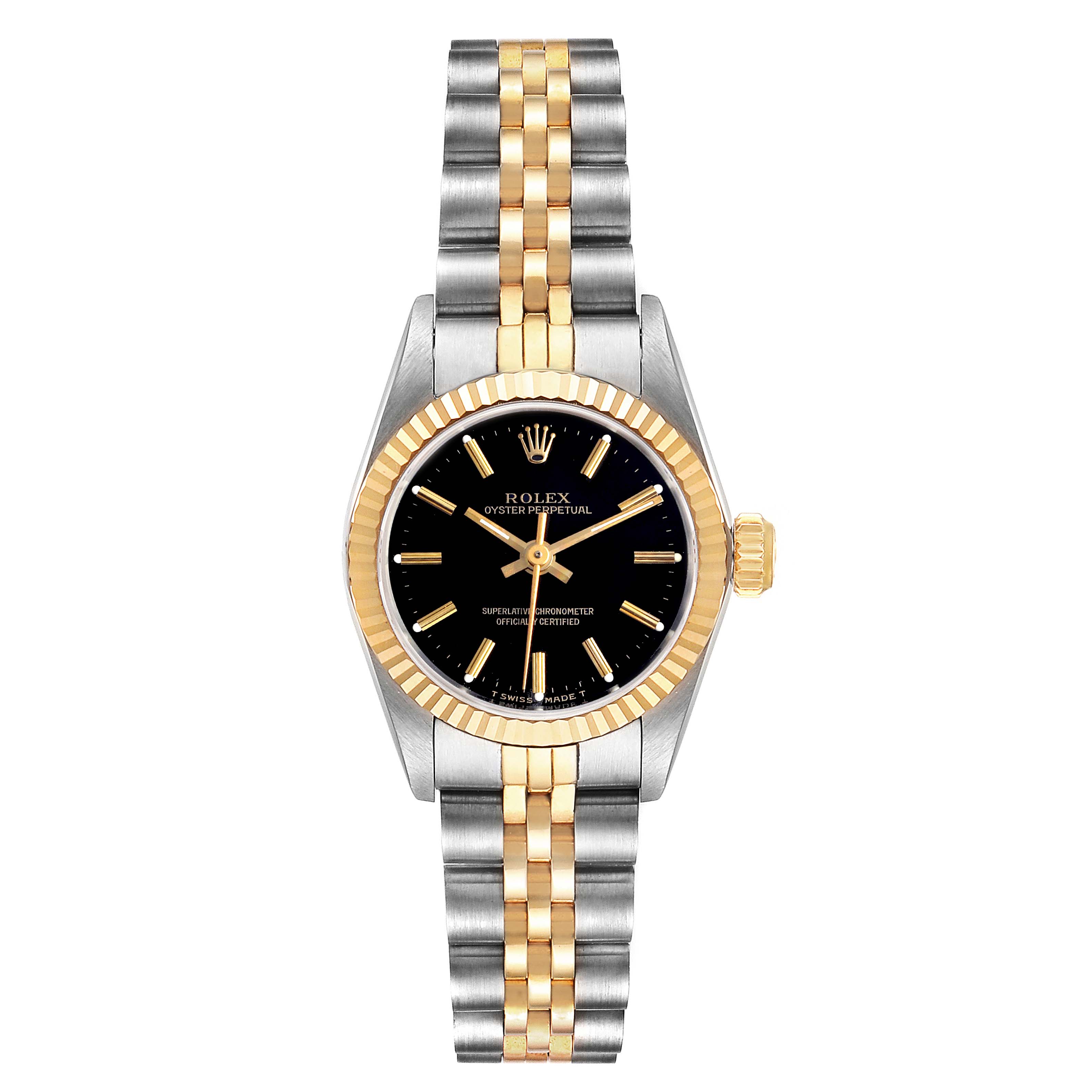This image shows a front view of a Rolex Oyster Perpetual 67193 Women
s Steel and Gold (two tone) Black Dial 67193 Women
s Steel and Gold (two tone) Black Dial watch with a black dial and a two-tone silver and gold bracelet.