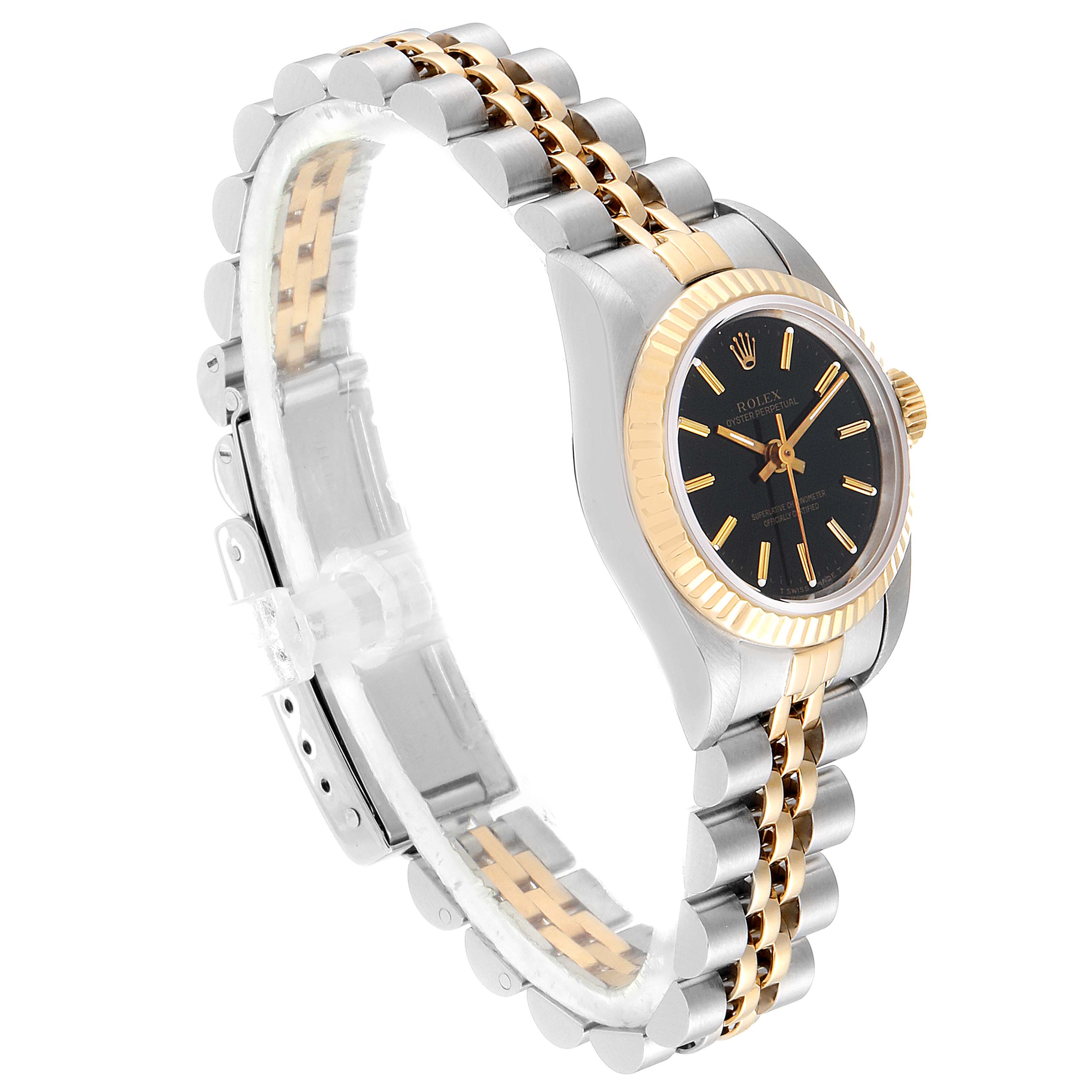 This Rolex Oyster Perpetual 67193 Women
s Steel and Gold (two tone) Black Dial 67193 Women
s Steel and Gold (two tone) Black Dial watch is shown at an angled side view, highlighting its two-tone bracelet, bezel, and black dial.