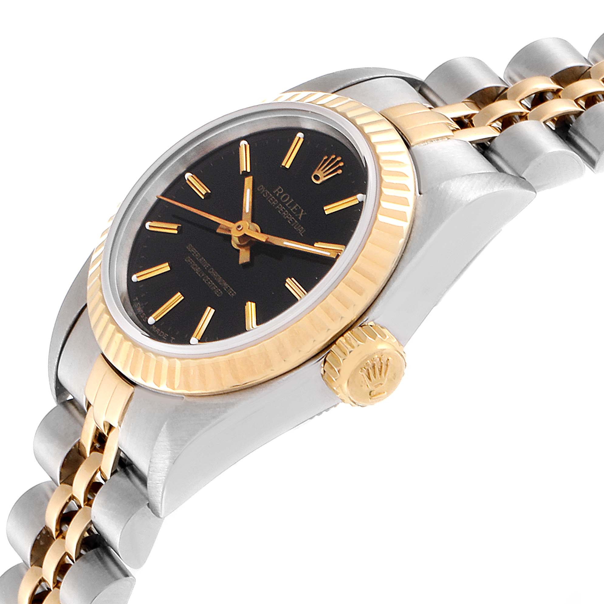 This image shows a side angle of a Rolex Oyster Perpetual 67193 Women
s Steel and Gold (two tone) Black Dial 67193 Women
s Steel and Gold (two tone) Black Dial watch highlighting the crown, bezel, and partial bracelet.