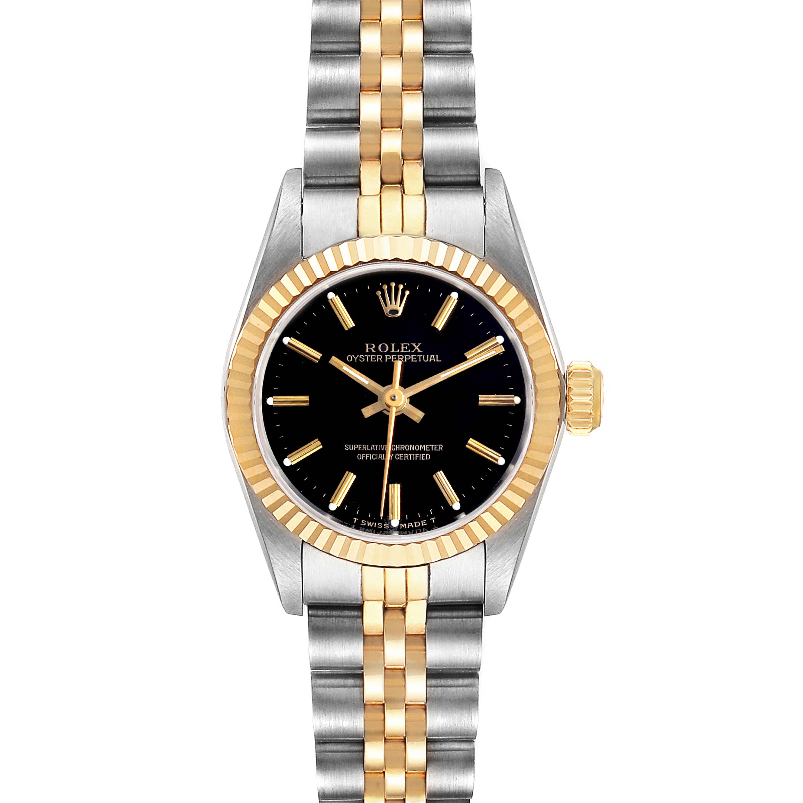 This image shows a Rolex Oyster Perpetual 67193 Women
s Steel and Gold (two tone) Black Dial 67193 Women
s Steel and Gold (two tone) Black Dial watch from the front angle, highlighting the face, bezel, and two-tone bracelet.