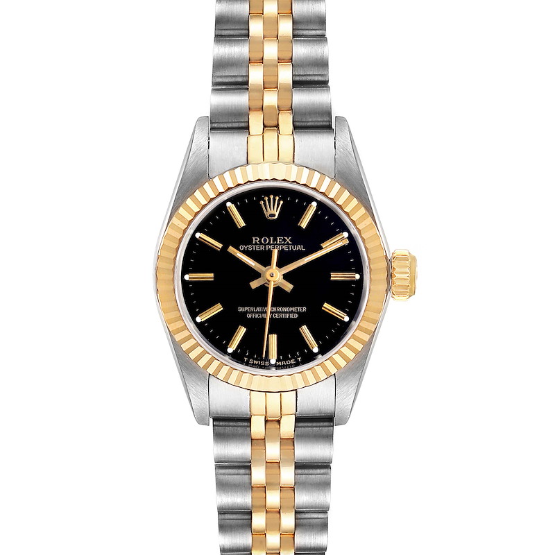 Rolex Oyster Perpetual Black Dial Steel Yellow Gold Ladies Watch 67193 SwissWatchExpo