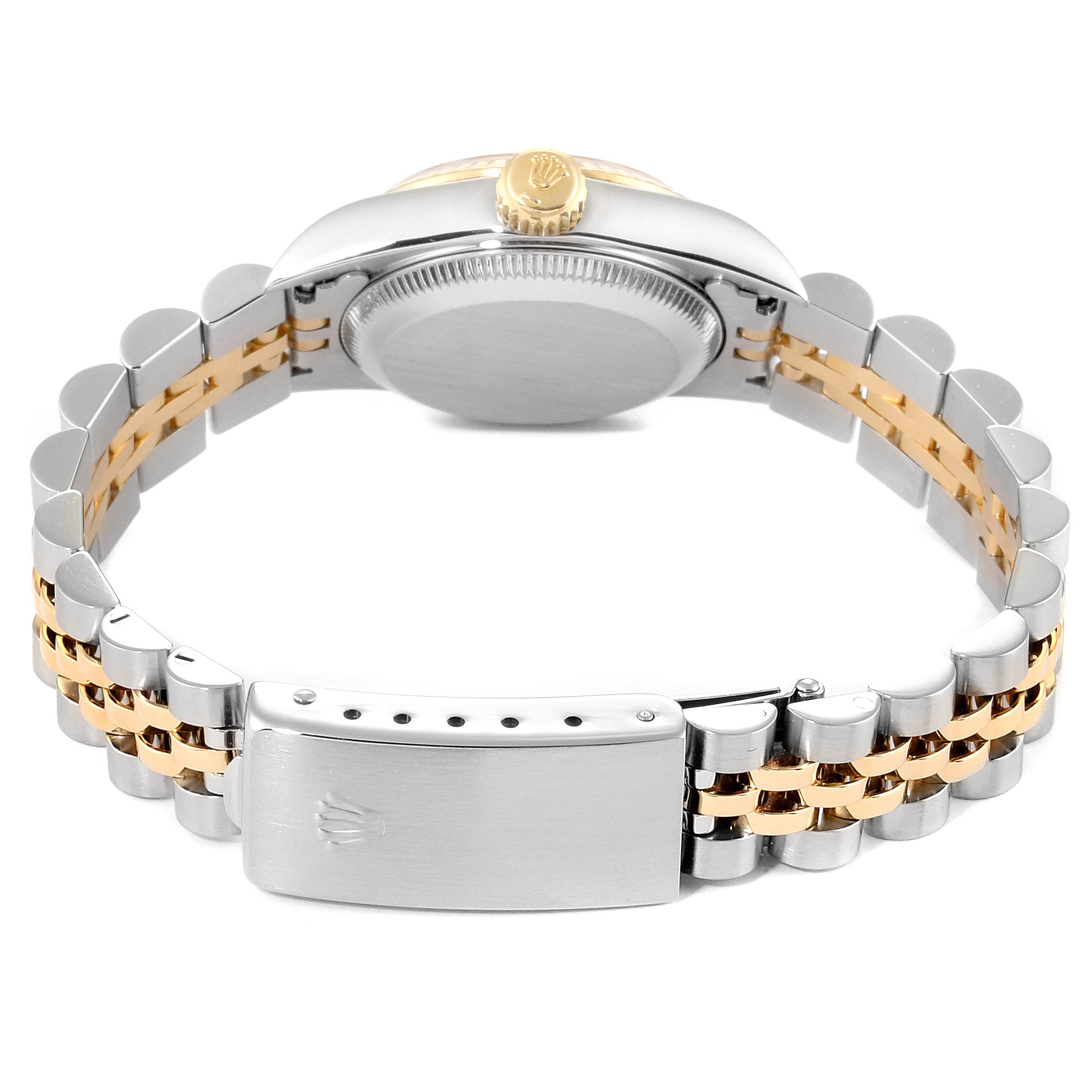 This image shows the backside of a Rolex Oyster Perpetual 67193 Women
s Steel and Gold (two tone) Black Dial 67193 Women
s Steel and Gold (two tone) Black Dial watch, highlighting its bracelet, case back, and clasp.