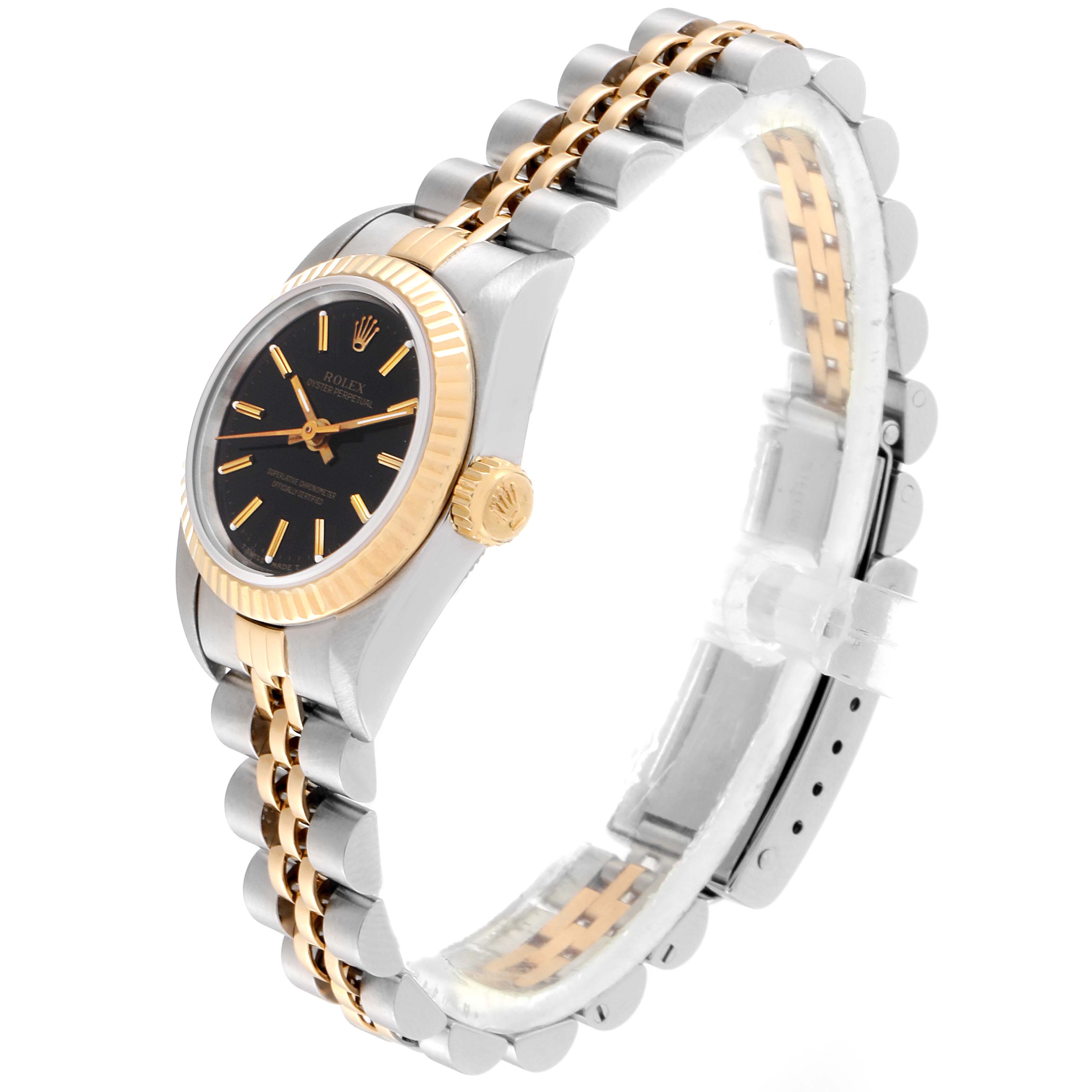 This image shows an angled side view of a Rolex Oyster Perpetual 67193 Women
s Steel and Gold (two tone) Black Dial 67193 Women
s Steel and Gold (two tone) Black Dial watch, highlighting the face, crown, and bracelet.