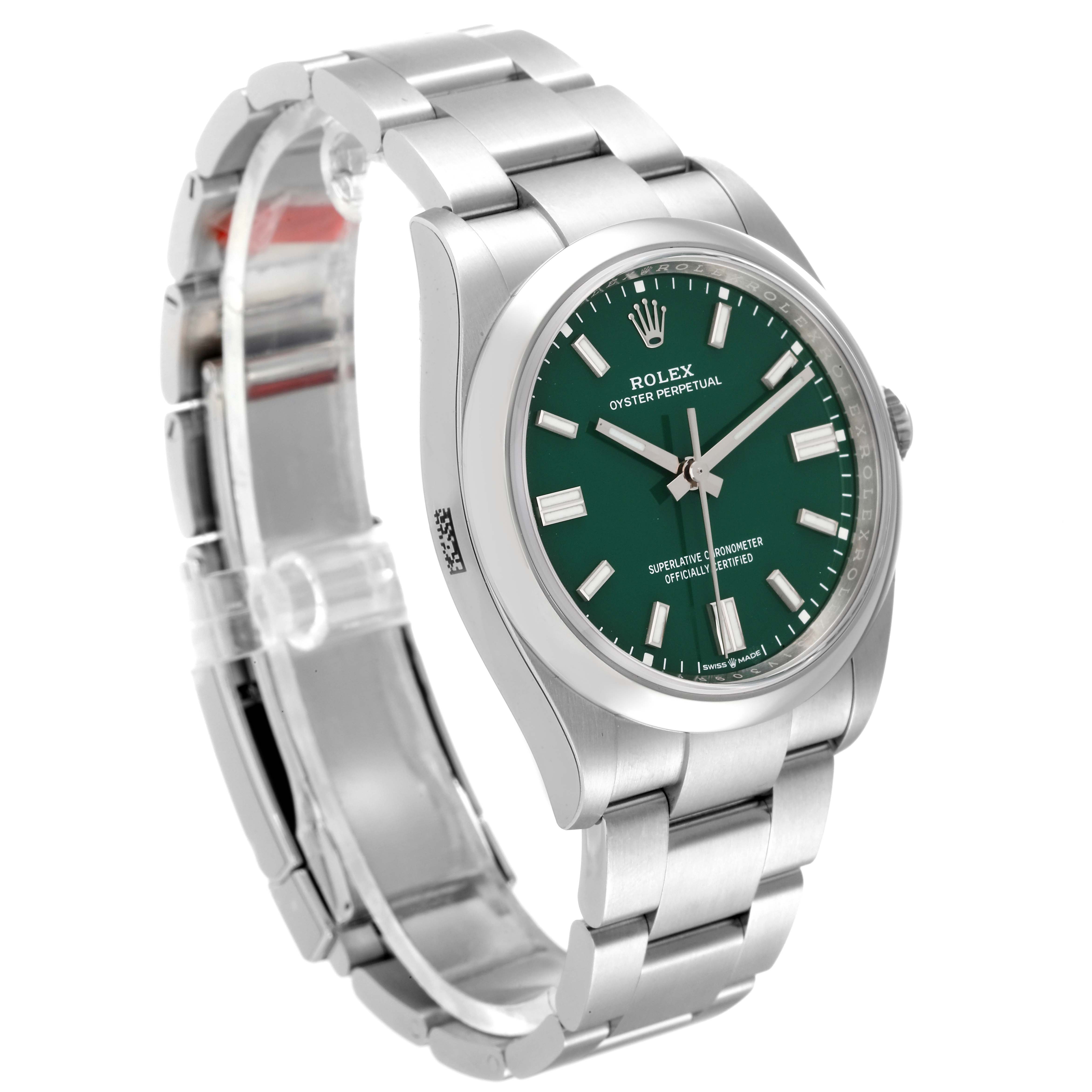 The image shows a Rolex Oyster Perpetual 126000 Men's Stainless Steel Green Dial 126000 Men's Stainless Steel Green Dial watch at a three-quarter angle, highlighting its green dial, bezel, and stainless steel bracelet.