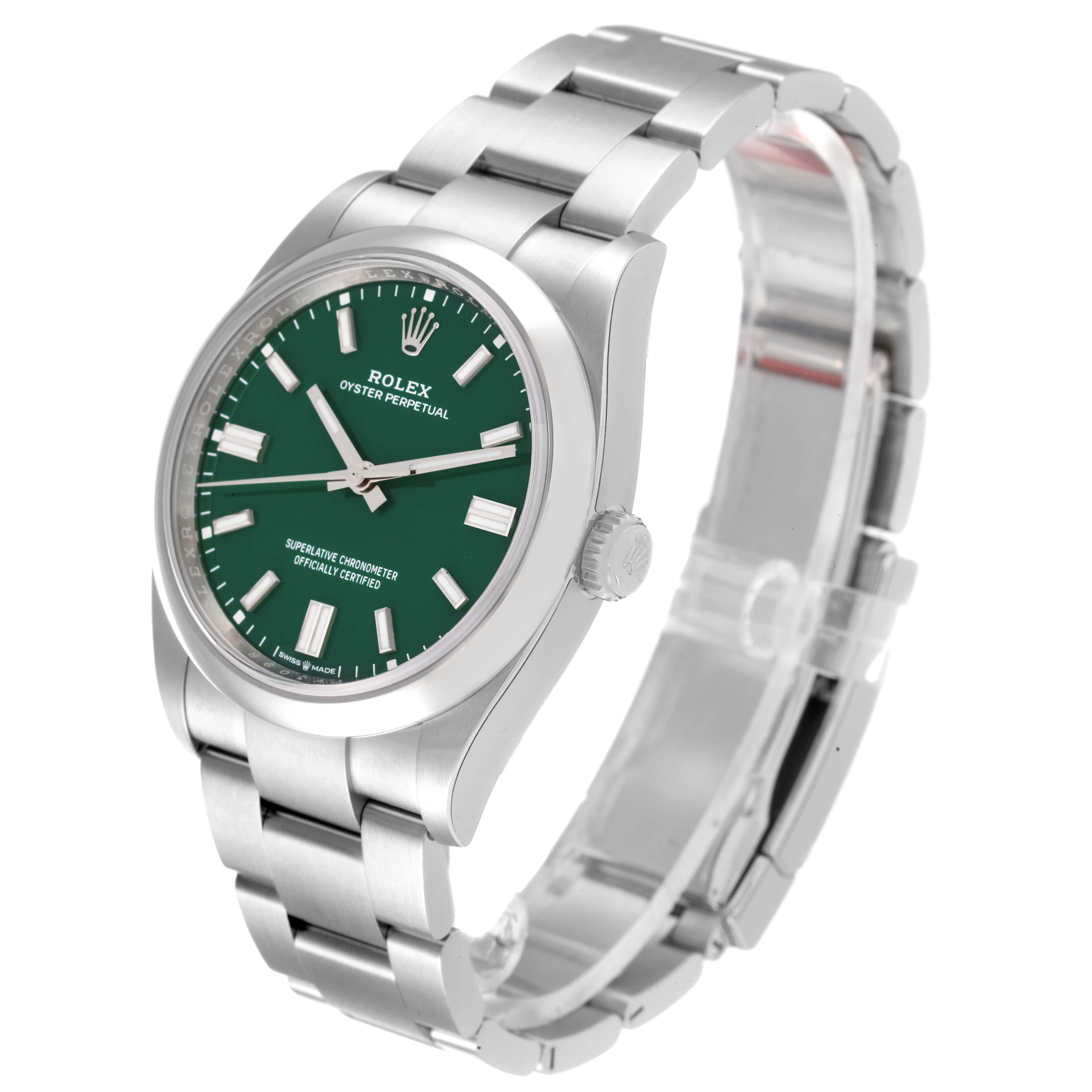 This image shows the Rolex Oyster Perpetual 126000 Men's Stainless Steel Green Dial 126000 Men's Stainless Steel Green Dial watch at a slight angle, highlighting the green dial, bracelet, and crown.