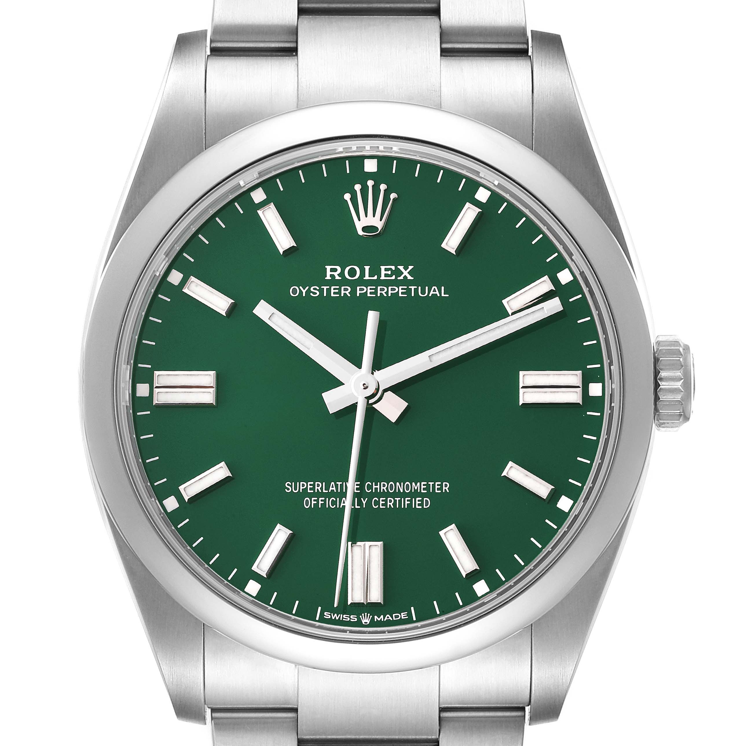 This Rolex Oyster Perpetual 126000 Men's Stainless Steel Green Dial 126000 Men's Stainless Steel Green Dial watch is shown from the front, displaying the green dial, hands, markers, and part of the metal bracelet.
