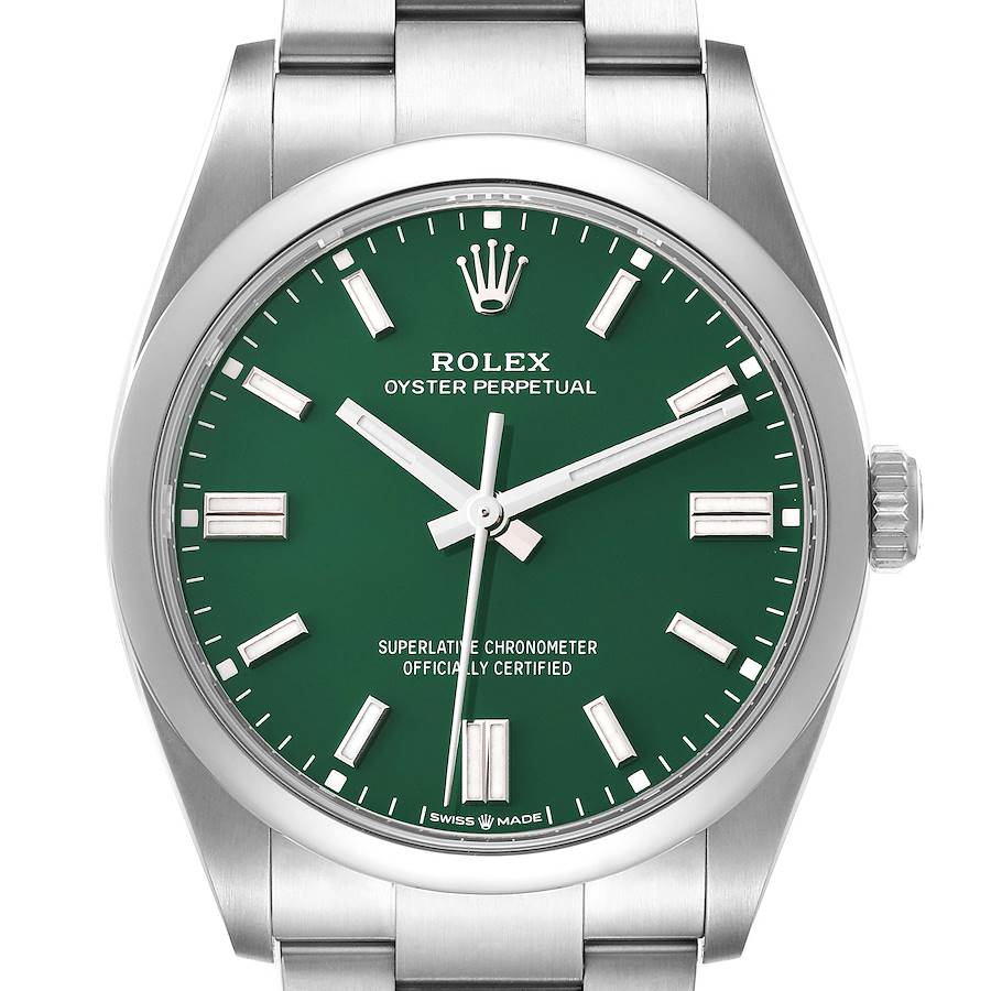 Rolex Oyster Perpetual Green Dial Steel Mens Watch 126000 Unworn SwissWatchExpo