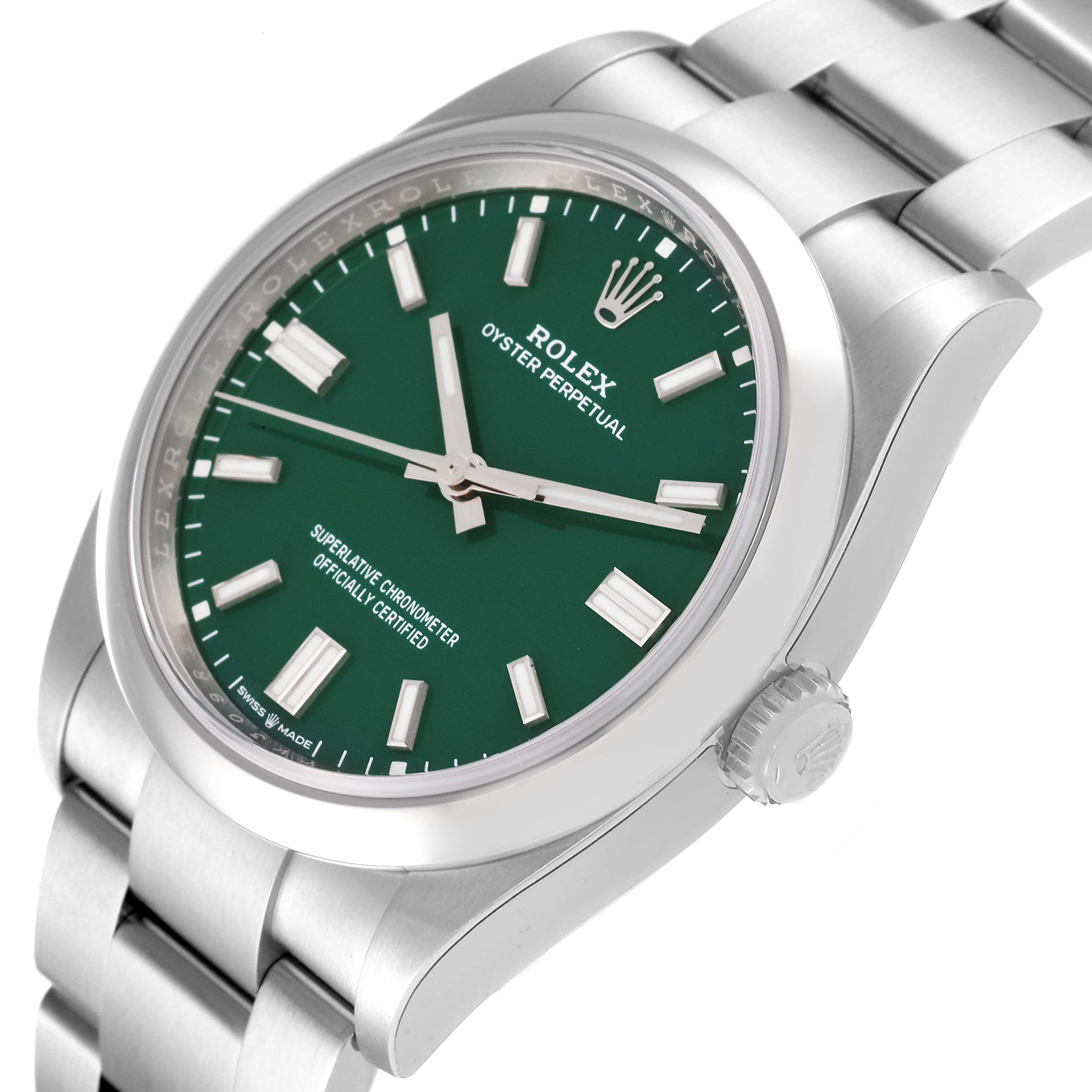 The image shows a close-up angled view of the Rolex Oyster Perpetual 126000 Men's Stainless Steel Green Dial 126000 Men's Stainless Steel Green Dial watch, featuring the dial, bezel, crown, and bracelet.