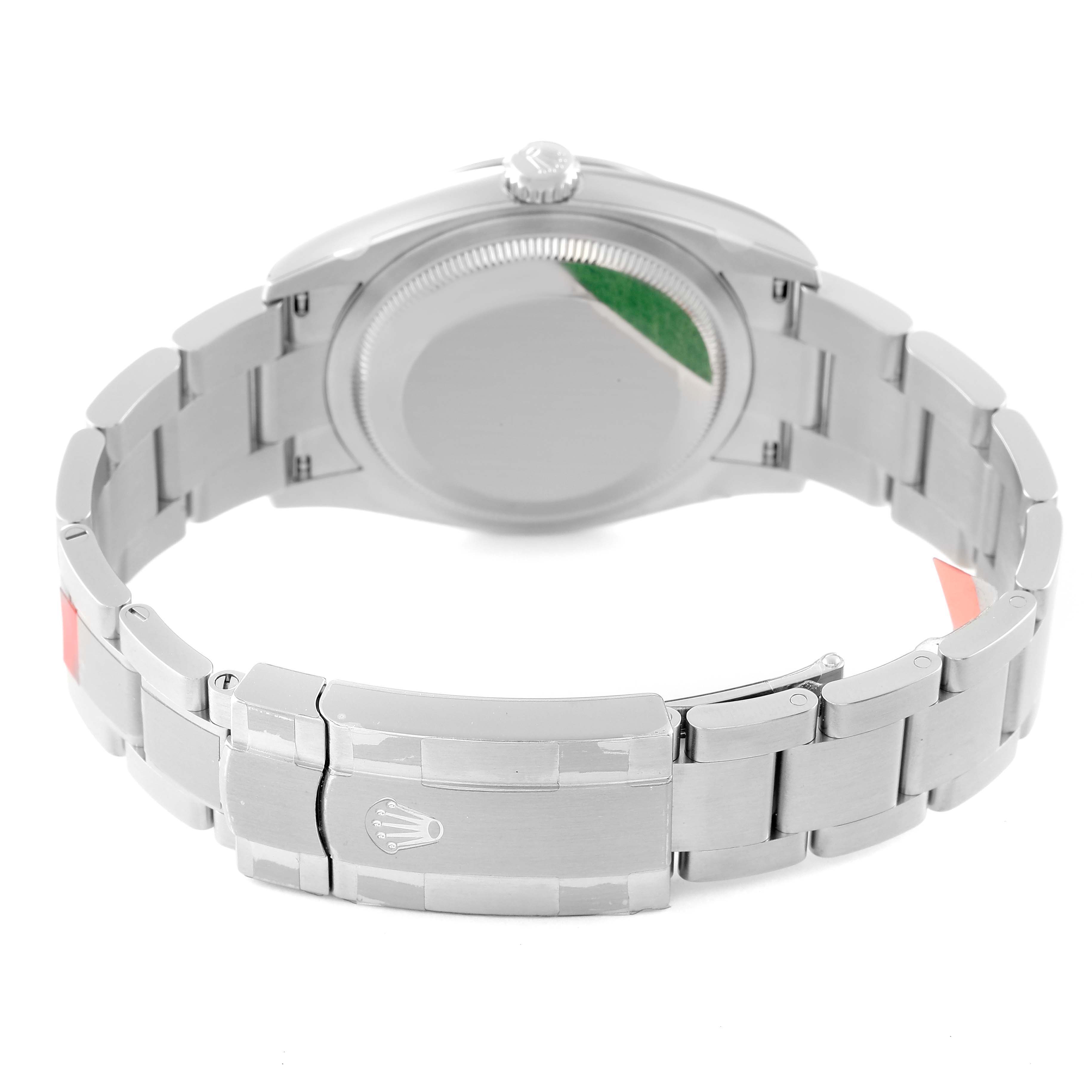 The image shows the back view of a Rolex Oyster Perpetual 126000 Men's Stainless Steel Green Dial 126000 Men's Stainless Steel Green Dial watch, highlighting the stainless steel bracelet and the clasp.