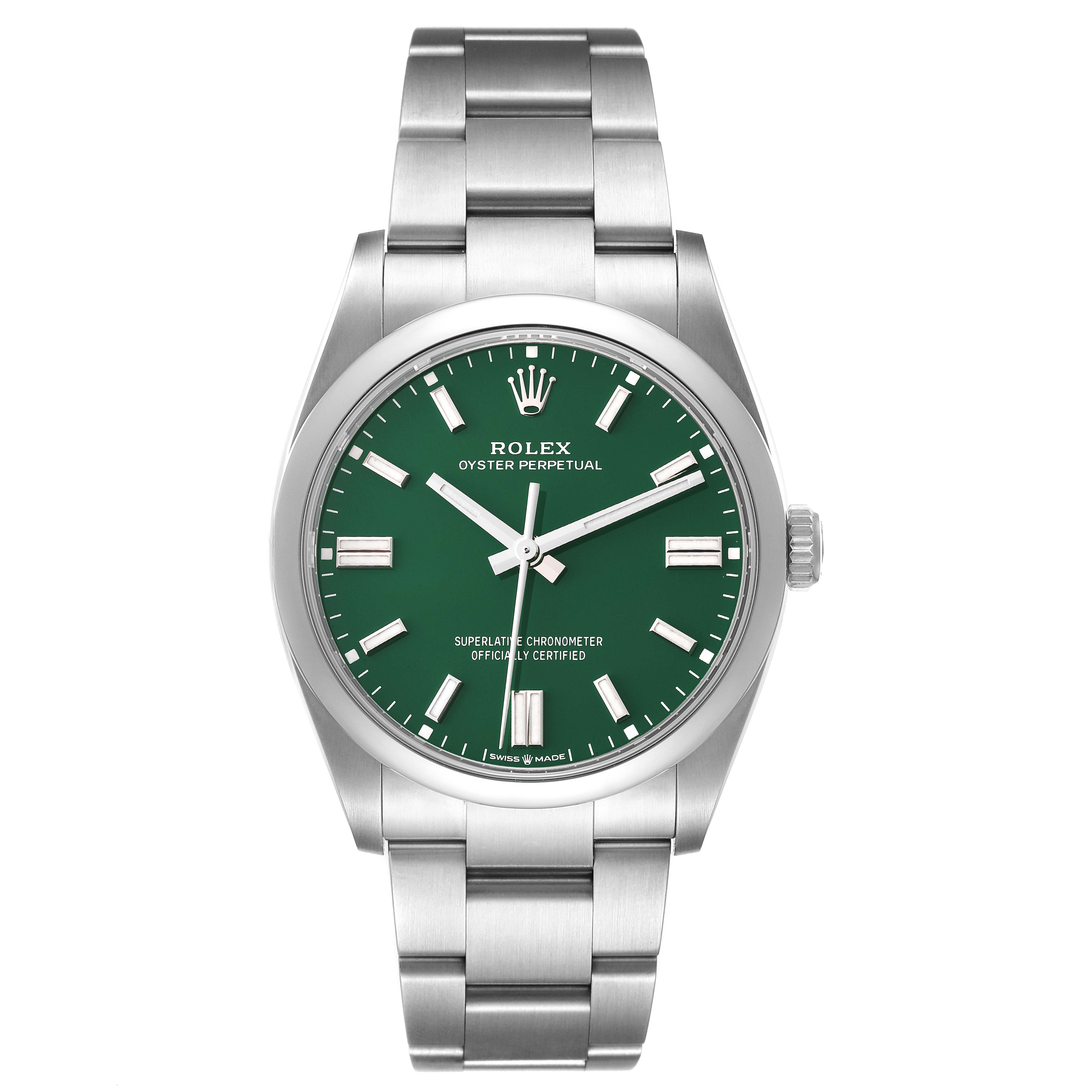 The image shows a front view of a Rolex Oyster Perpetual 126000 Men's Stainless Steel Green Dial 126000 Men's Stainless Steel Green Dial watch with a green dial and silver bracelet.