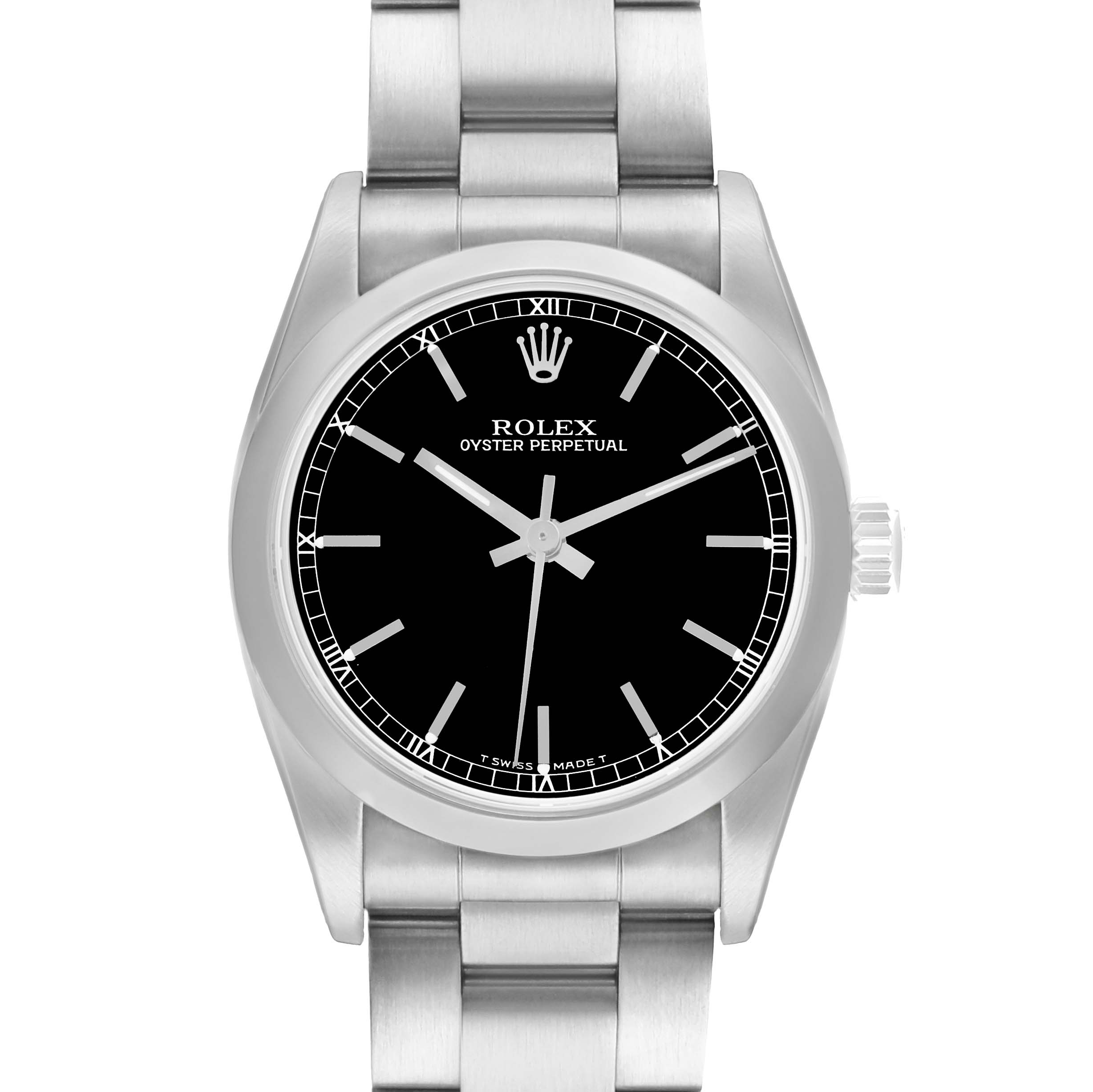 The image shows a Rolex Oyster Perpetual Mid-Size watch, viewed from the front, displaying the black dial and stainless steel bracelet.