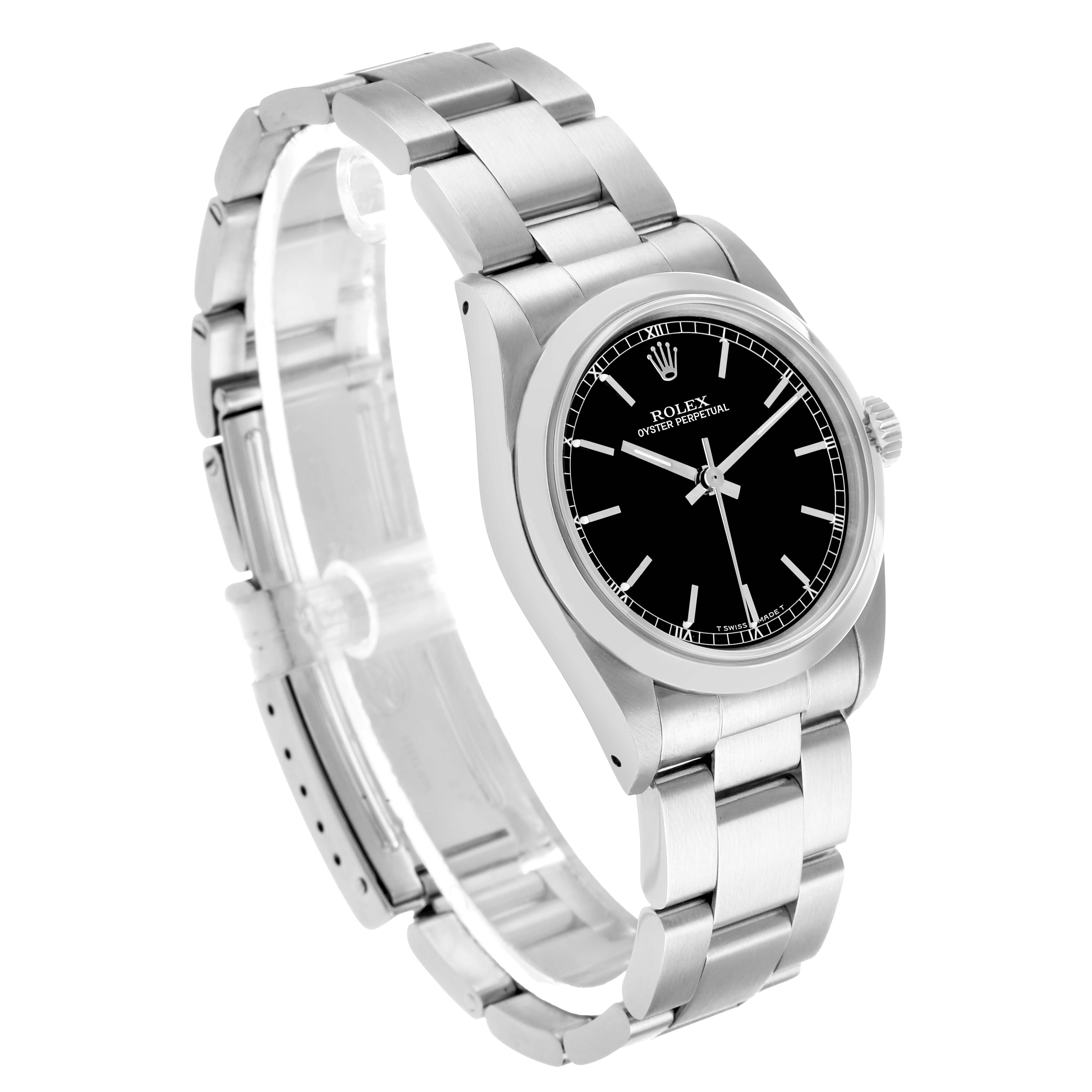 The Rolex Mid-Size 67480 Women
s Stainless Steel Black Dial watch is shown at a three-quarter angle, displaying its black dial, bezel, crown, and bracelet.