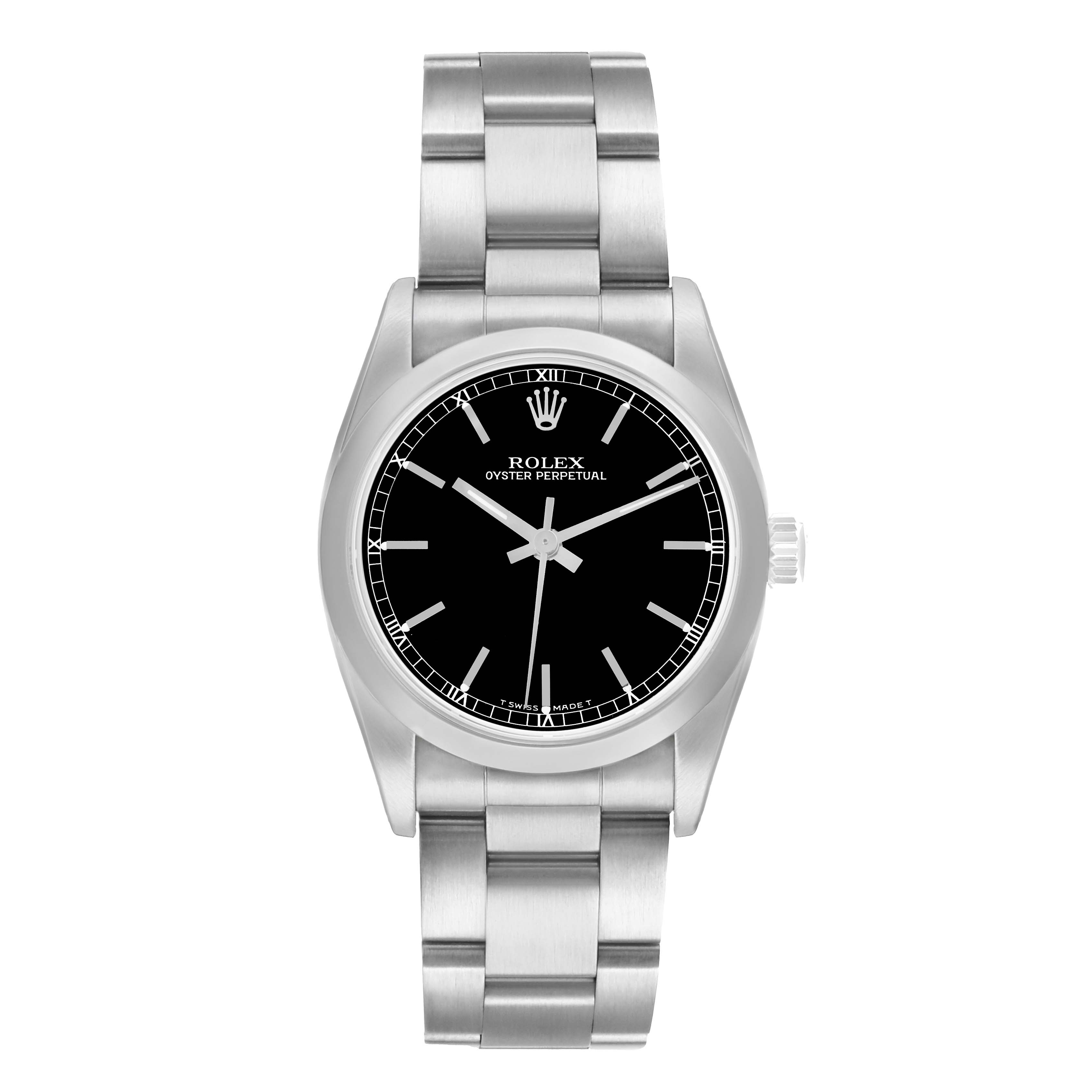 The Rolex Mid-Size 67480 Women
s Stainless Steel Black Dial watch is shown from the front, displaying its black dial, hour markers, hands, and stainless steel bracelet.