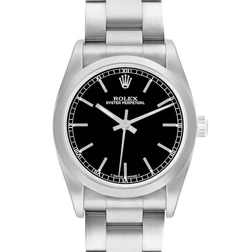 The Rolex Mid-Size 67480 Women's Stainless Steel Black Dial Oyster Perpetual watch is shown from a front angle, displaying the dial, bezel, crown, and bracelet.