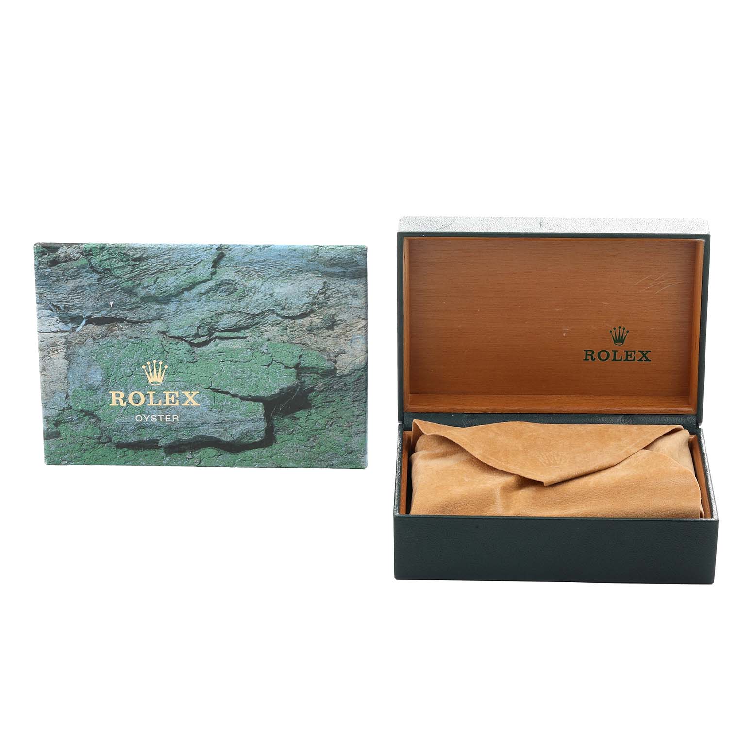 The image shows a Rolex Mid-Size 67480 Women
s Stainless Steel Black Dial watch box and outer packaging from a frontal angle, with the box open and a suede pouch inside.
