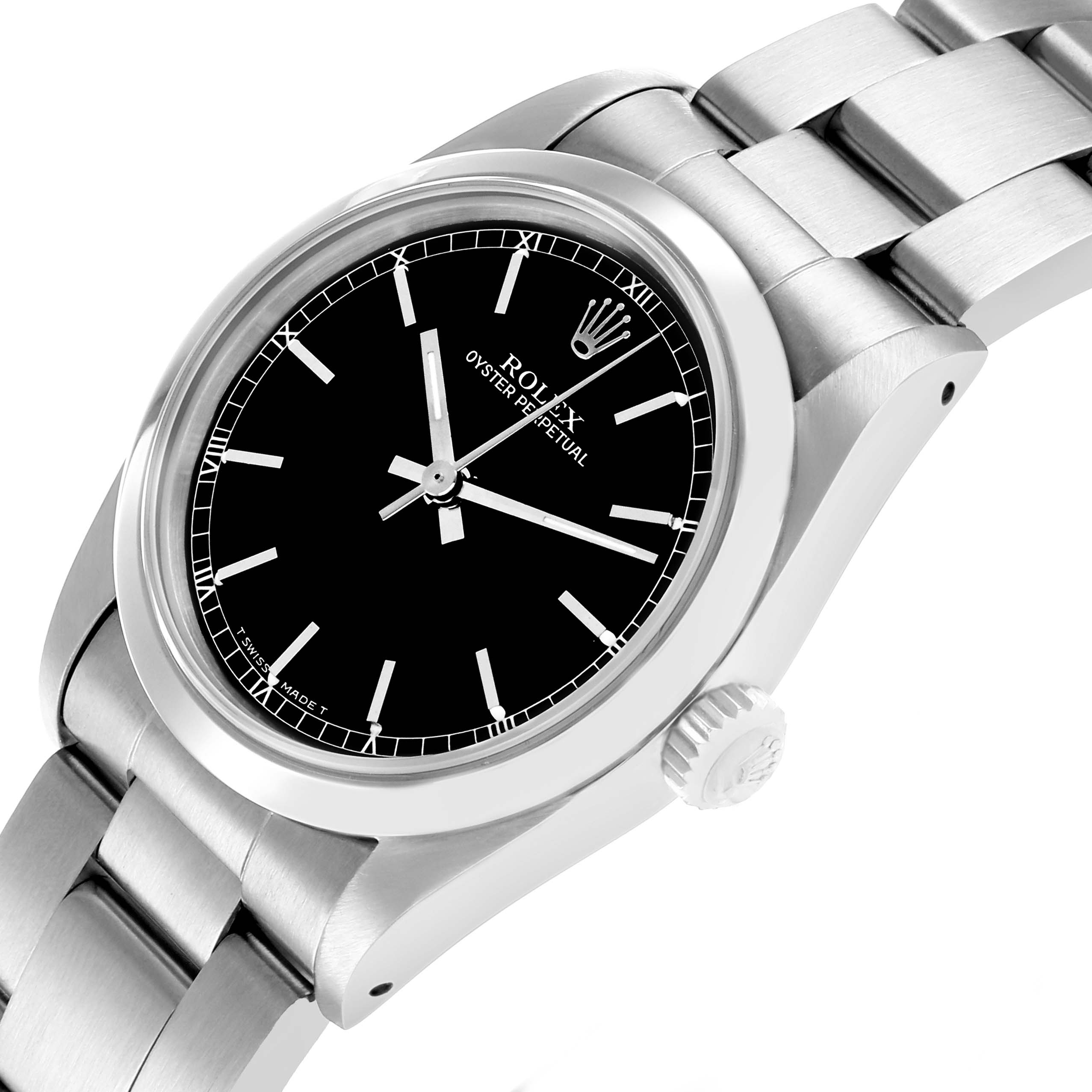 The image shows a Rolex Oyster Perpetual Mid-Size watch at an angled view, highlighting the case, dial, bezel, and bracelet.