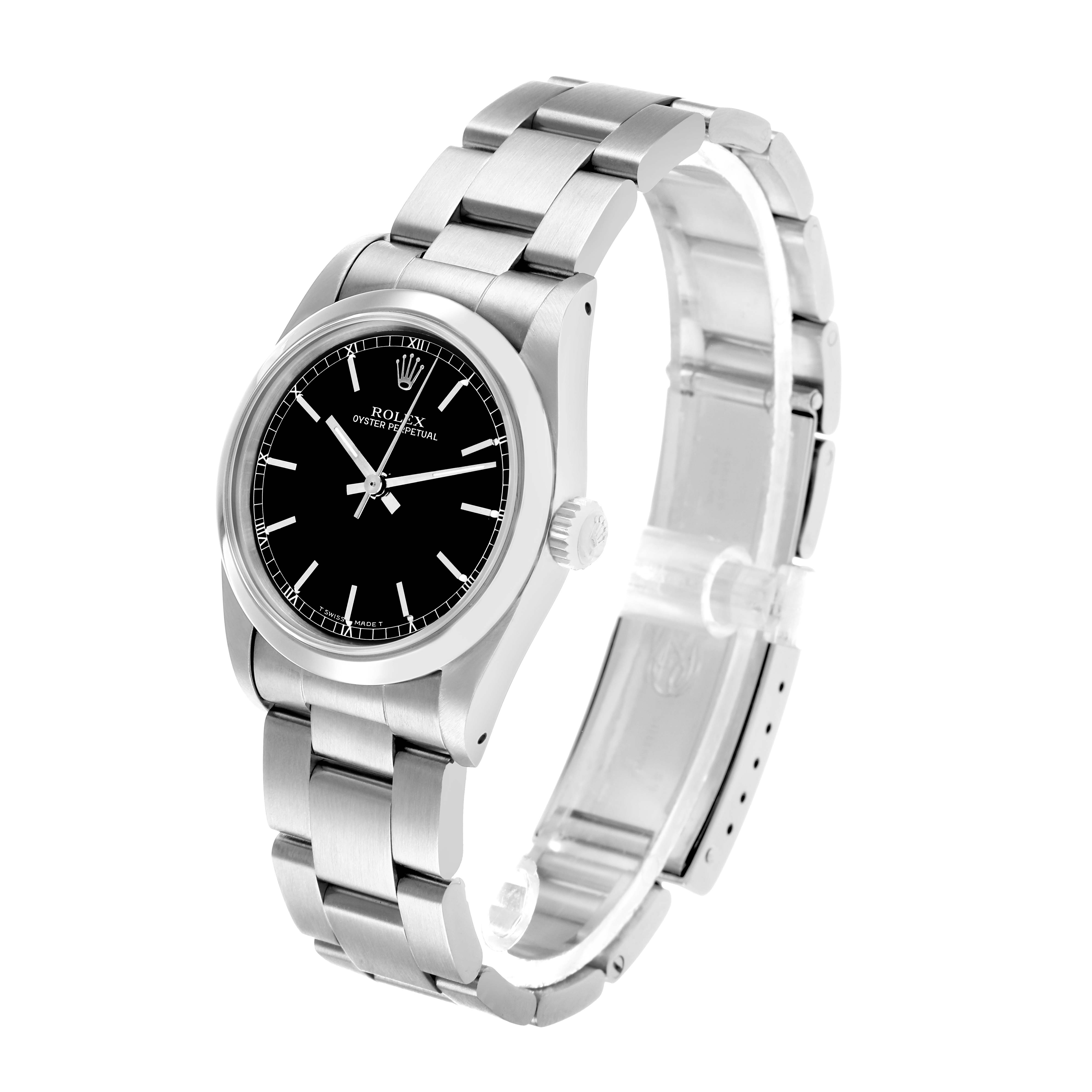 The Rolex Mid-Size 67480 Women
s Stainless Steel Black Dial model is shown at an angle showcasing the face, bezel, crown, and bracelet.