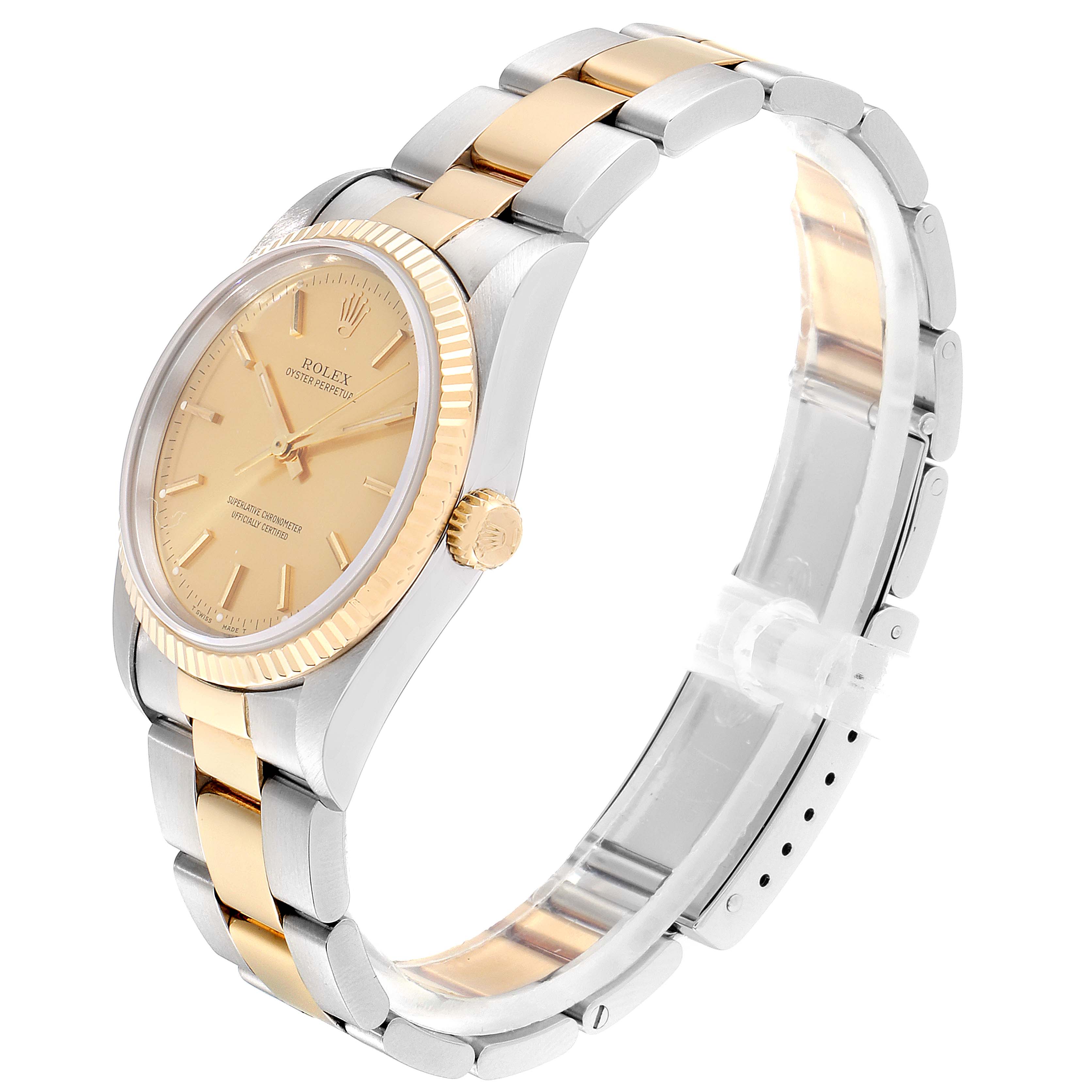 This image shows a side angle view of a Rolex Oyster Perpetual 14233 Men's Steel and Gold (two tone) Champagne Dial 14233 Men's Steel and Gold (two tone) Champagne Dial watch, highlighting the bezel, crown, and two-tone bracelet.