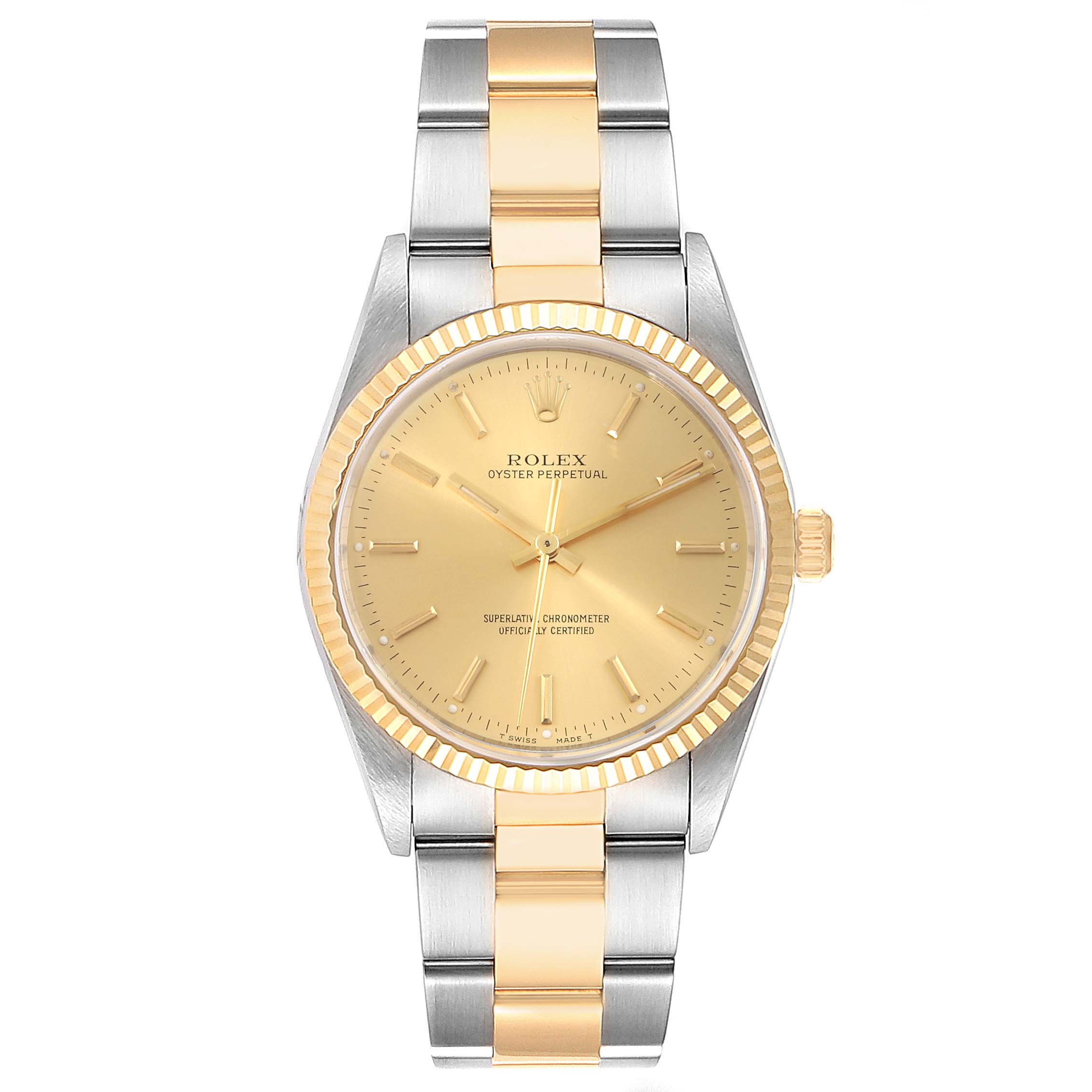 The Rolex Oyster Perpetual 14233 Men's Steel and Gold (two tone) Champagne Dial 14233 Men's Steel and Gold (two tone) Champagne Dial watch is shown from a front angle, displaying its two-tone band and gold dial.