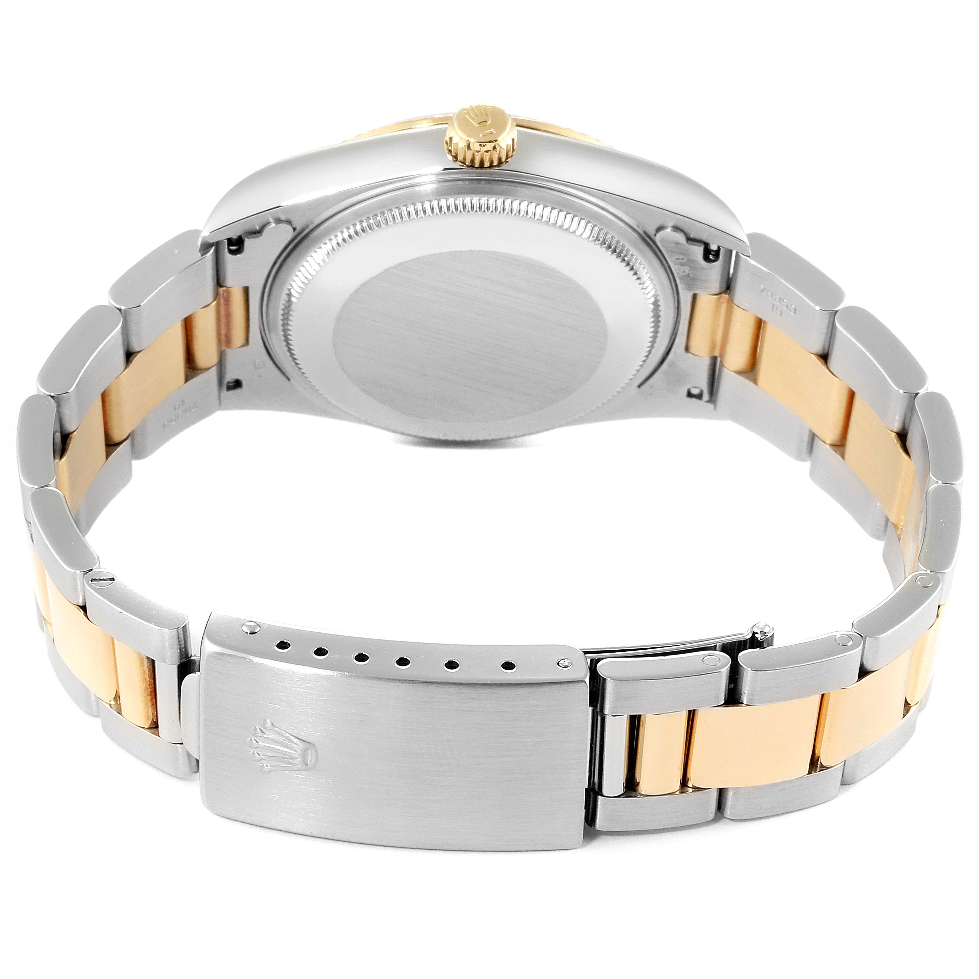 The image shows the back and side of a Rolex Oyster Perpetual 14233 Men's Steel and Gold (two tone) Champagne Dial 14233 Men's Steel and Gold (two tone) Champagne Dial watch, highlighting its clasp and bi-metal bracelet.