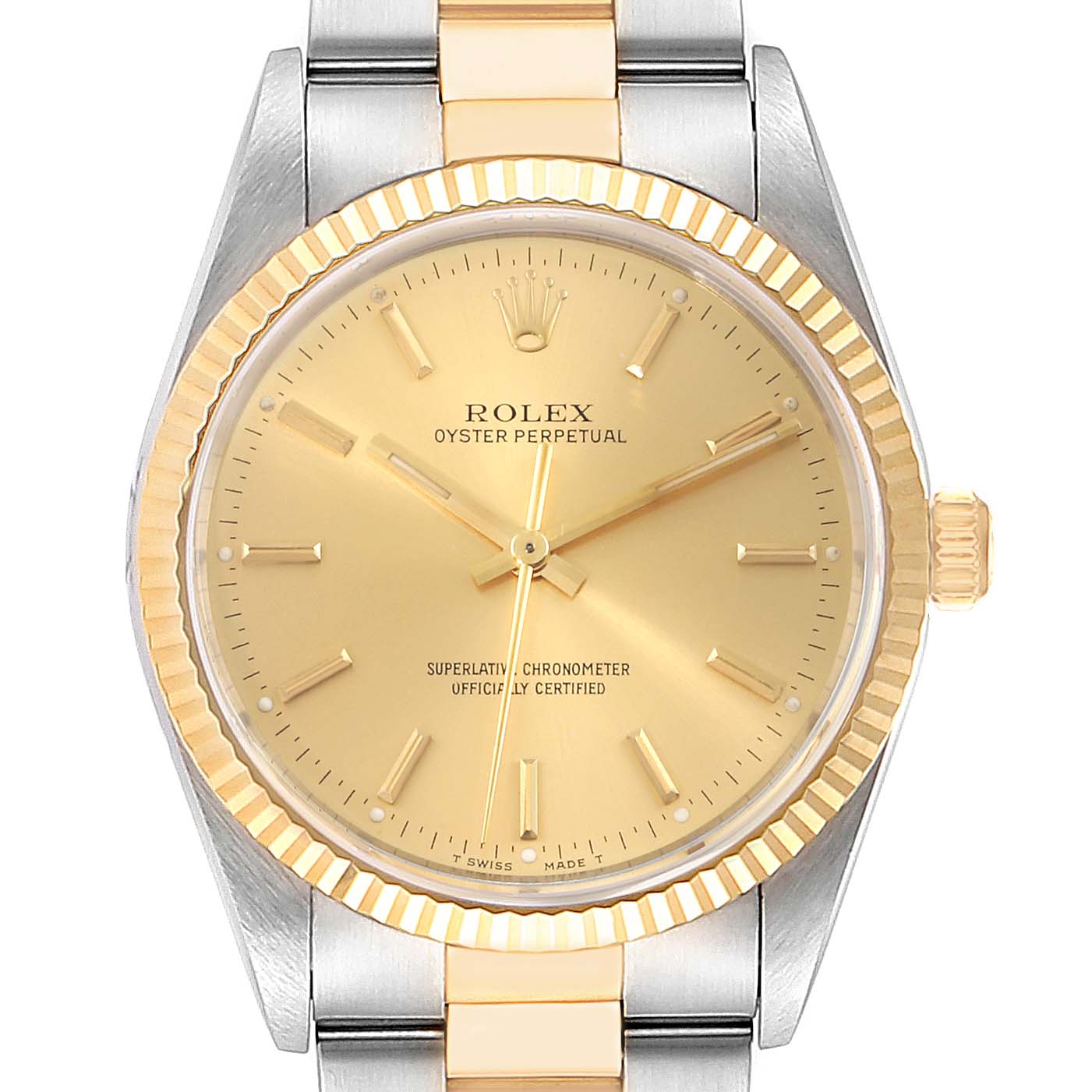 This image shows a front view of the Rolex Oyster Perpetual 14233 Men's Steel and Gold (two tone) Champagne Dial 14233 Men's Steel and Gold (two tone) Champagne Dial watch, highlighting its gold face, bezel, and stainless steel and gold bracelet.