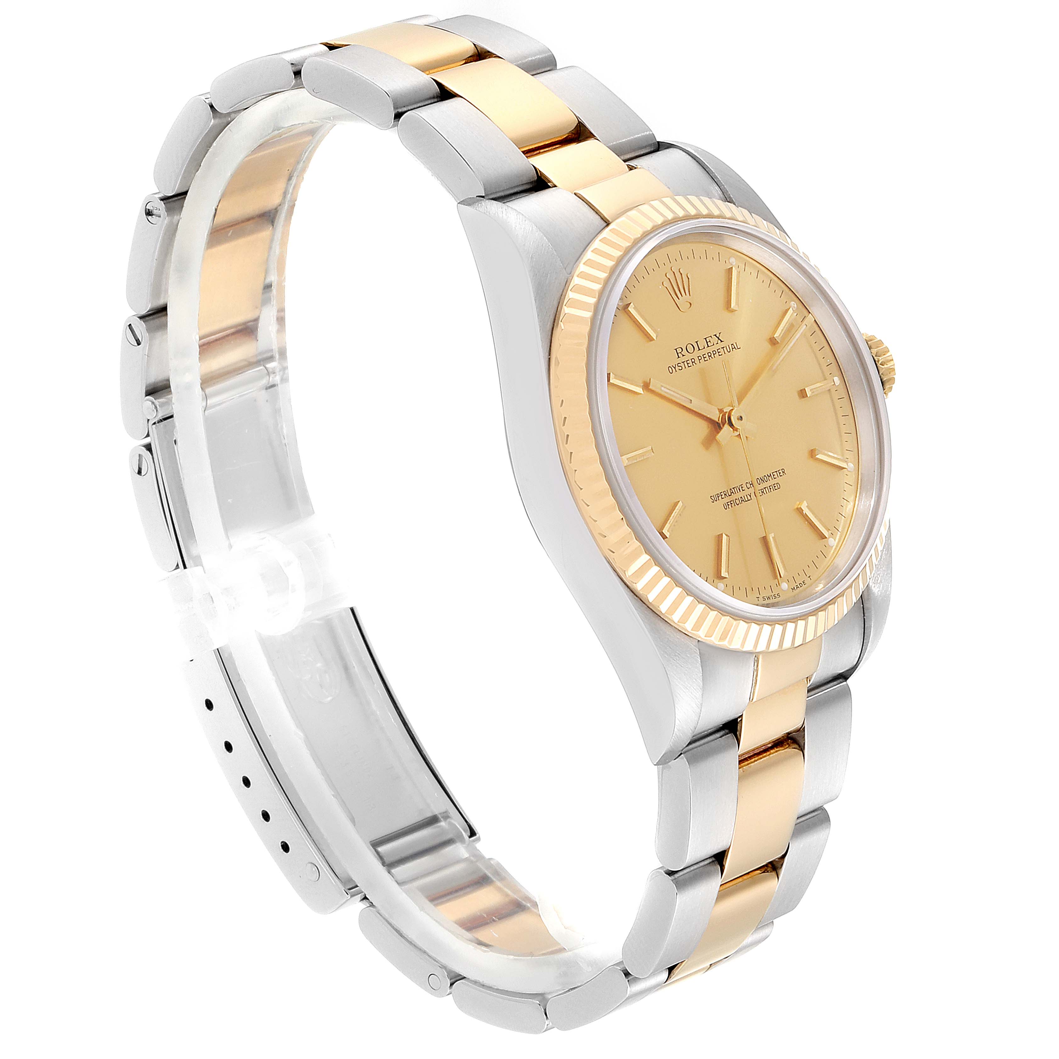 This image displays a Rolex Oyster Perpetual 14233 Men's Steel and Gold (two tone) Champagne Dial 14233 Men's Steel and Gold (two tone) Champagne Dial watch at an angled side view, showcasing the bezel, dial, and bracelet.