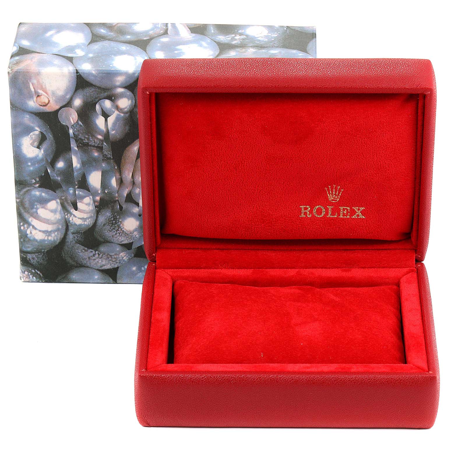 The image shows an open, red, padded jewelry box with the Rolex logo, likely for a Rolex Oyster Perpetual 67180 Women's Stainless Steel White Dial 67180 Women's Stainless Steel White Dial watch, next to its themed outer box.