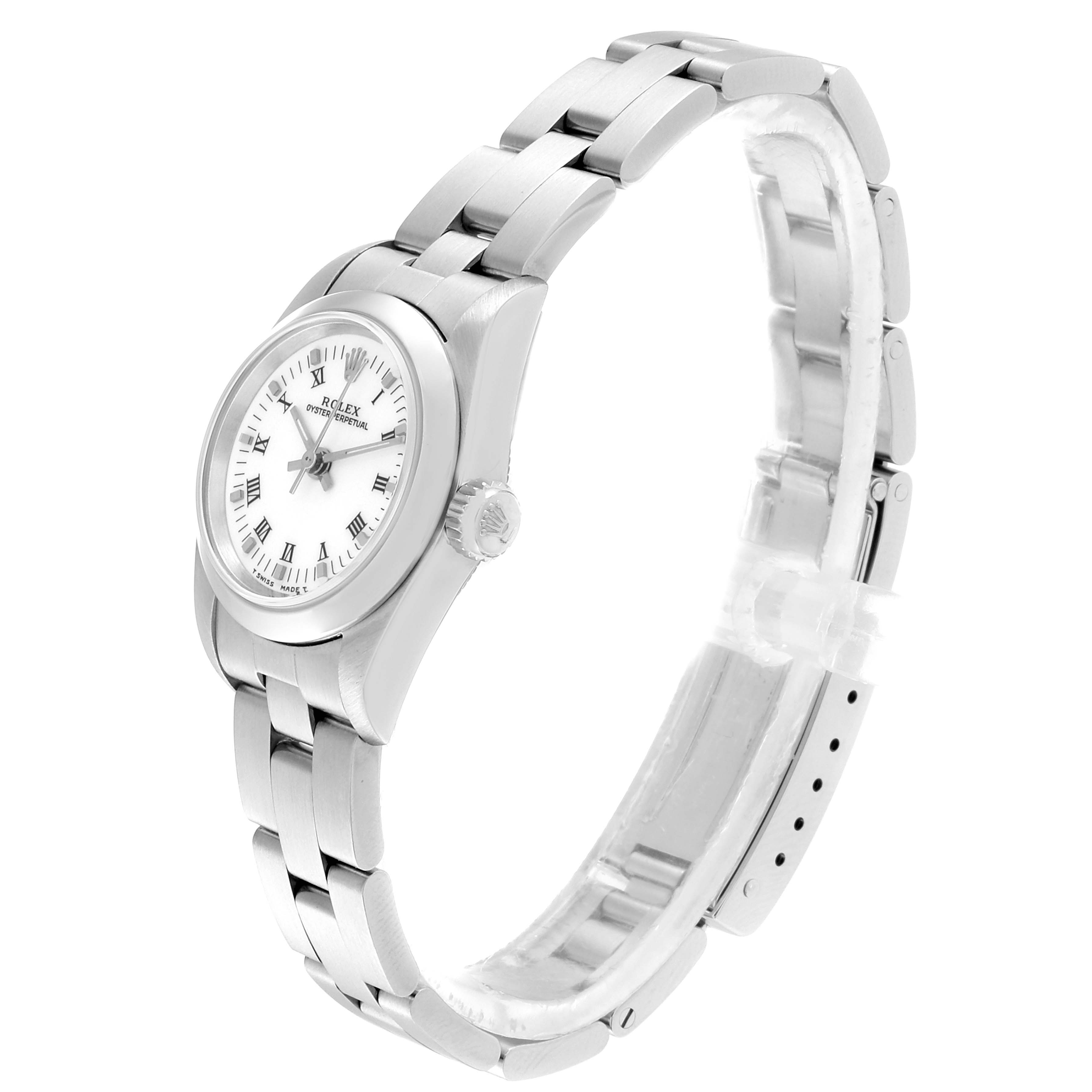 The image shows a side angle of a Rolex Oyster Perpetual 67180 Women's Stainless Steel White Dial 67180 Women's Stainless Steel White Dial watch, highlighting the bracelet, dial, and crown.