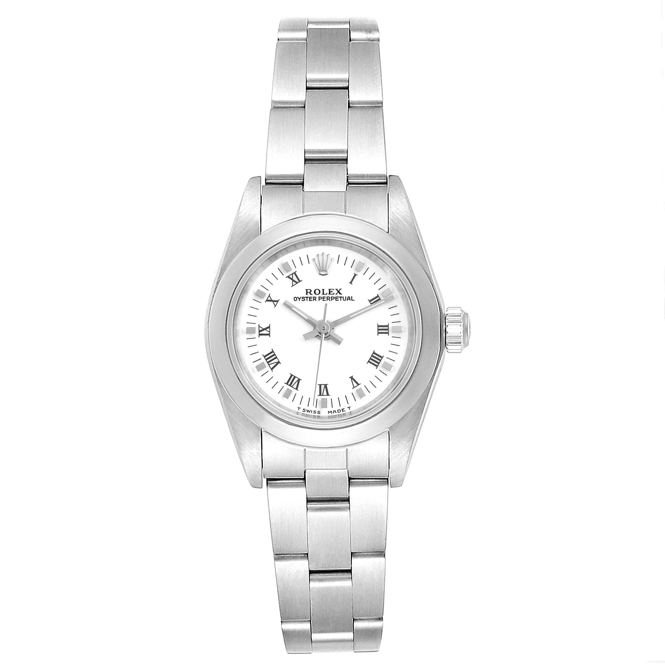 This image shows a frontal view of a Rolex Oyster Perpetual 67180 Women's Stainless Steel White Dial 67180 Women's Stainless Steel White Dial watch displaying the face, bezel, and metal bracelet.