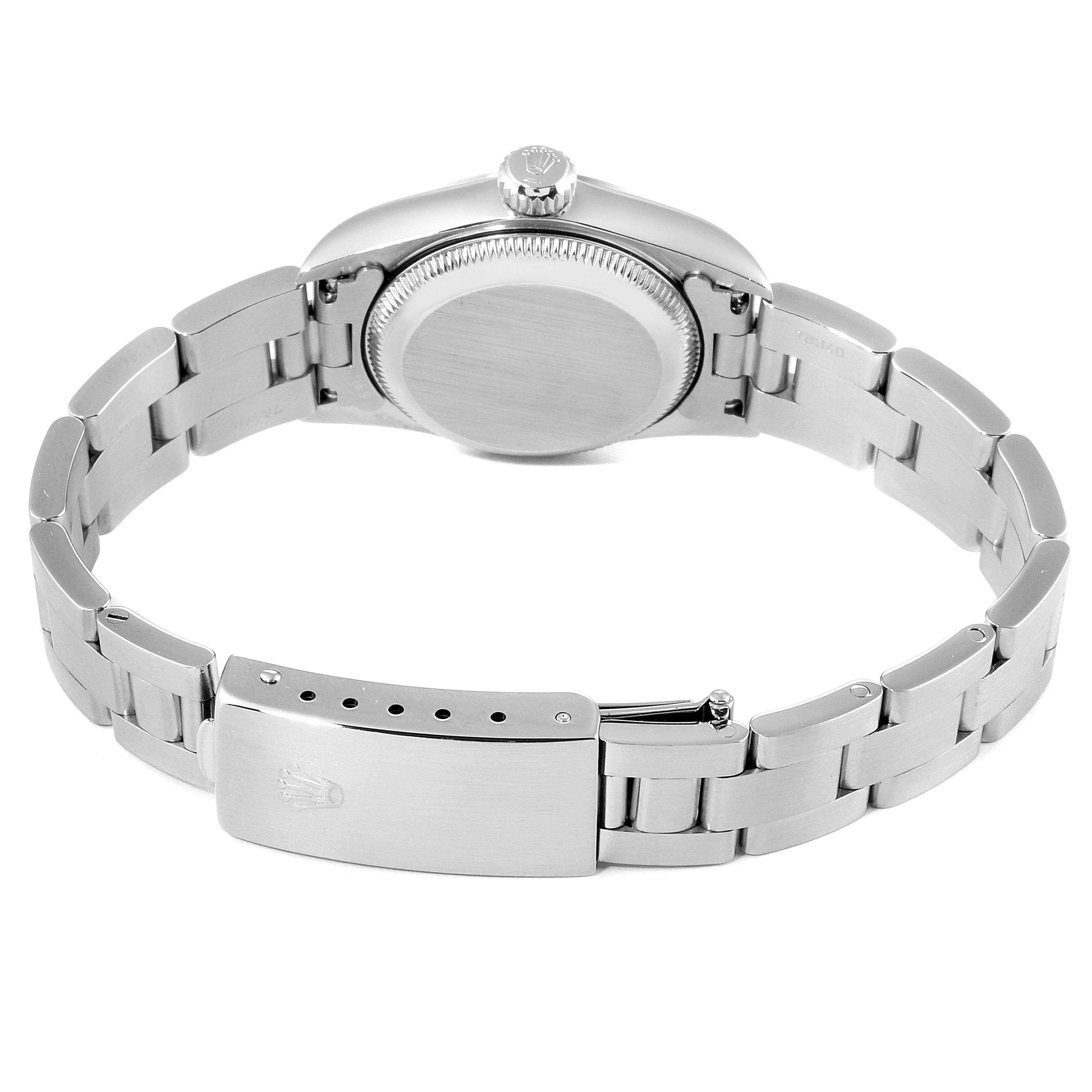 This image shows the back view of the Rolex Oyster Perpetual 67180 Women's Stainless Steel White Dial 67180 Women's Stainless Steel White Dial watch, highlighting the clasp and bracelet.