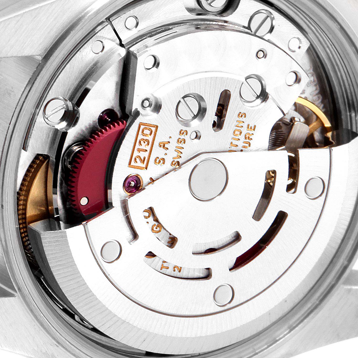 This image shows a macro view of the movement mechanism inside the Rolex Oyster Perpetual 67180 Women's Stainless Steel White Dial 67180 Women's Stainless Steel White Dial watch.