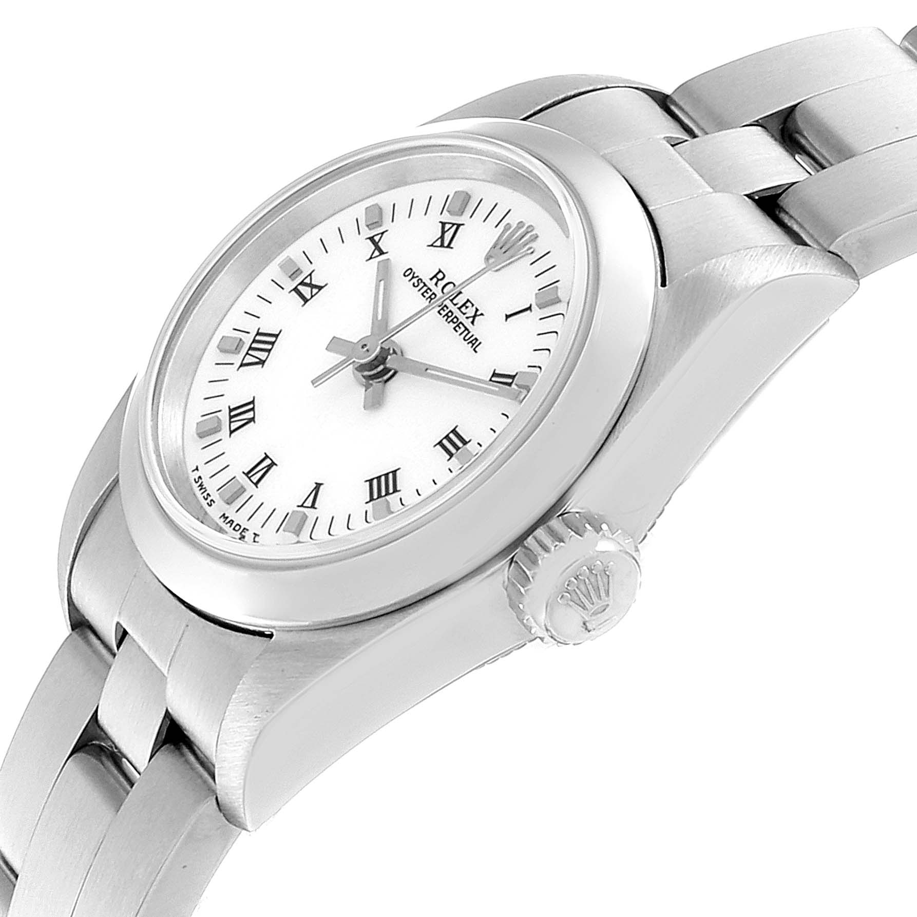The image shows a side angle of a Rolex Oyster Perpetual 67180 Women's Stainless Steel White Dial 67180 Women's Stainless Steel White Dial watch, highlighting the crown and part of the bracelet.
