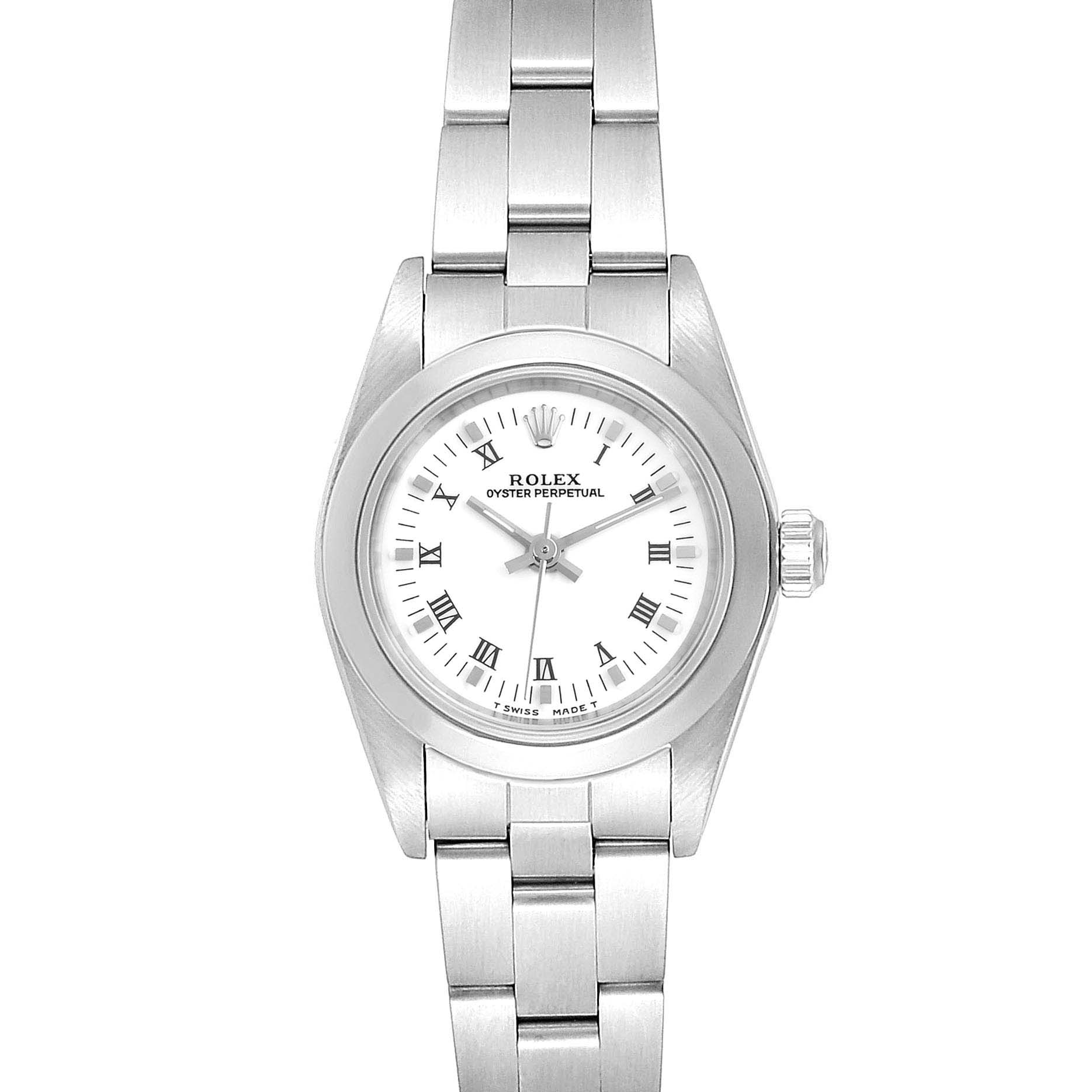 The image displays a front view of a Rolex Oyster Perpetual 67180 Women's Stainless Steel White Dial 67180 Women's Stainless Steel White Dial watch showcasing its dial, crown, and metal bracelet.