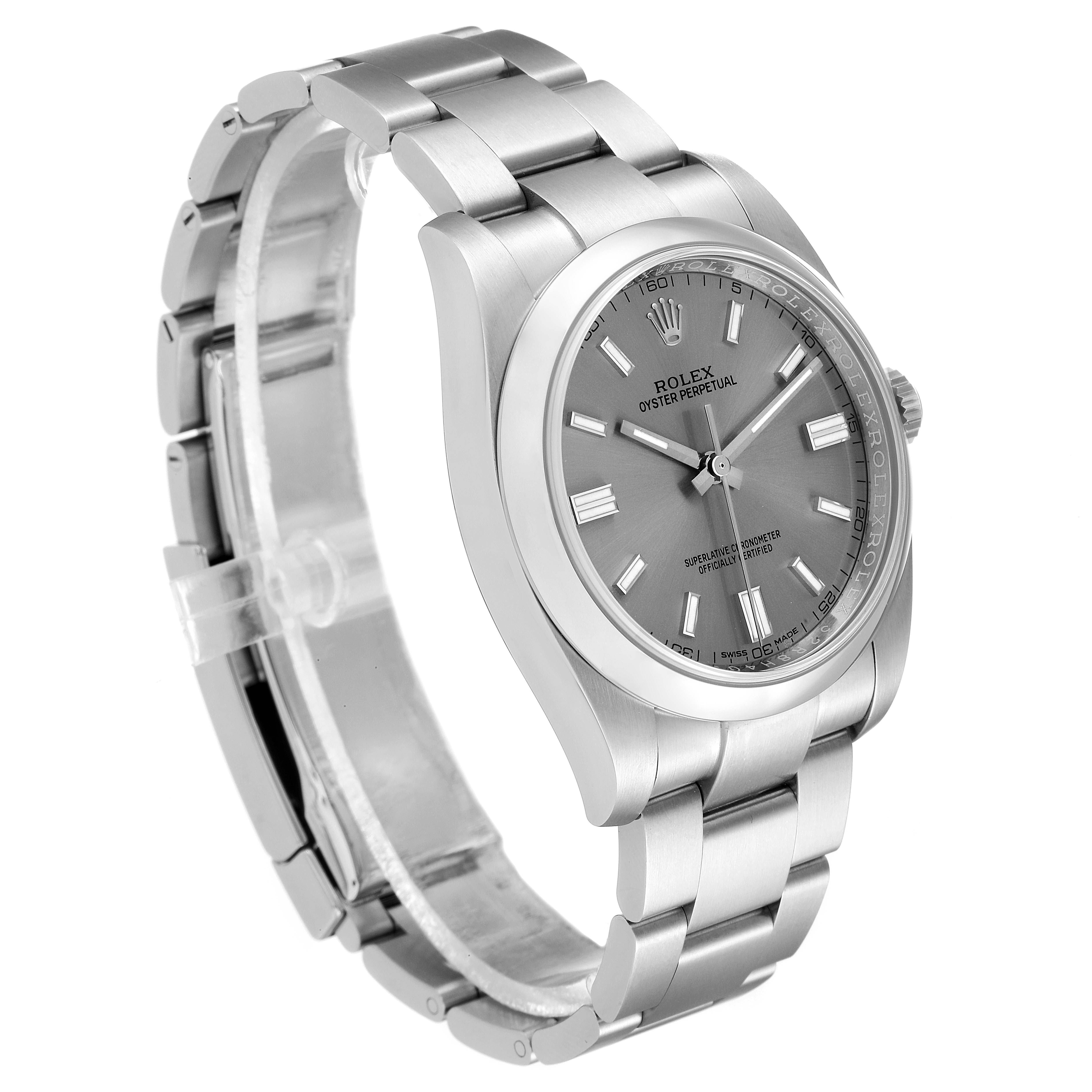 The Rolex Oyster Perpetual 116000 Men's Stainless Steel Grey Dial 116000 Men's Stainless Steel Grey Dial watch is shown at a slight angle, highlighting the bracelet, dial, and crown.