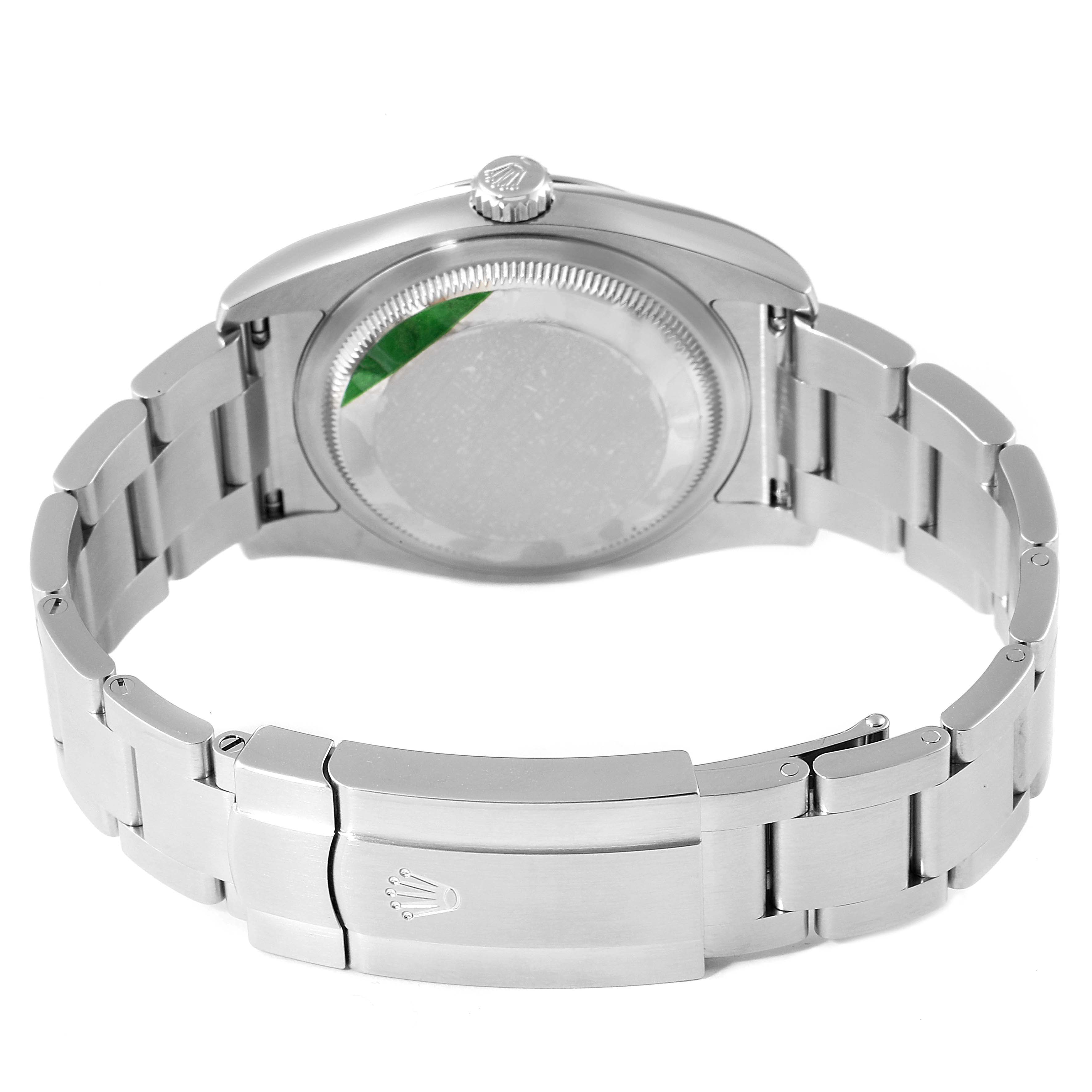 The image shows the back view of a Rolex Oyster Perpetual 116000 Men's Stainless Steel Grey Dial 116000 Men's Stainless Steel Grey Dial watch, highlighting the case back and bracelet clasp.