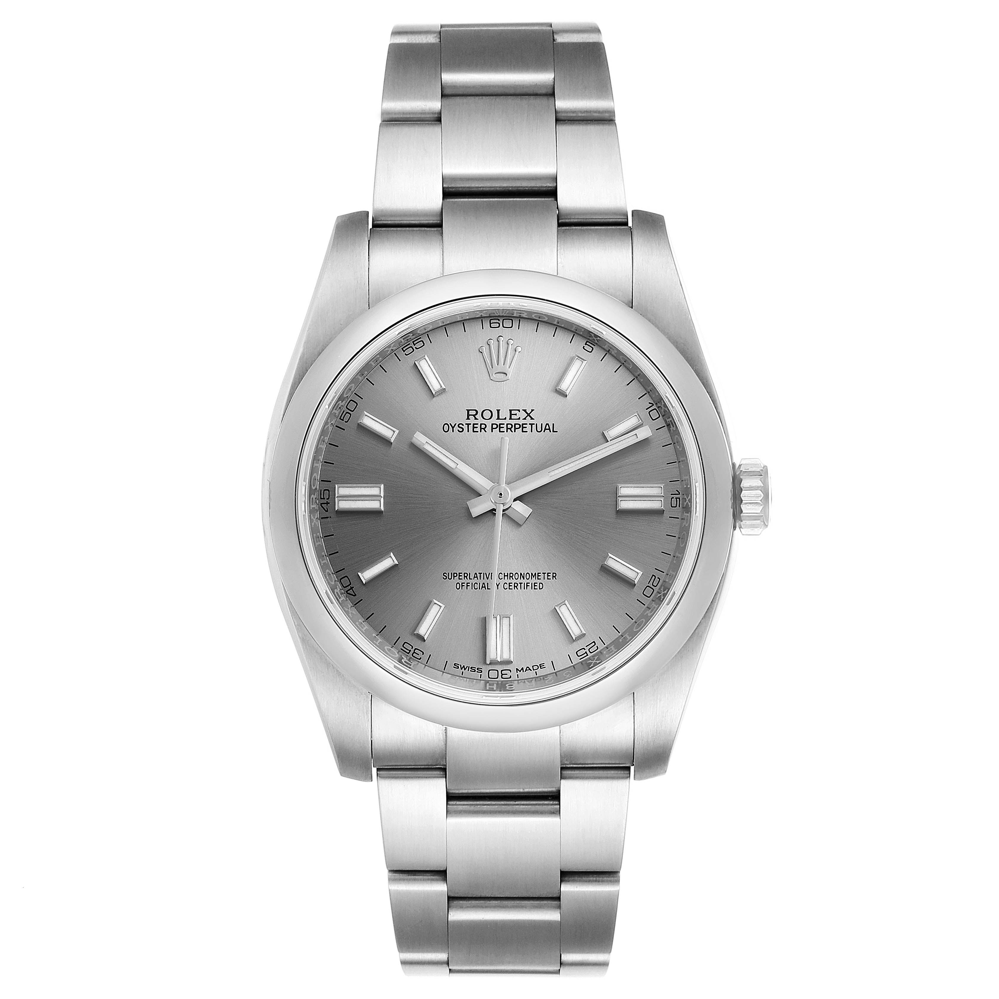 This front-facing image shows a Rolex Oyster Perpetual 116000 Men's Stainless Steel Grey Dial 116000 Men's Stainless Steel Grey Dial watch, highlighting its dial, case, bracelet, and crown.