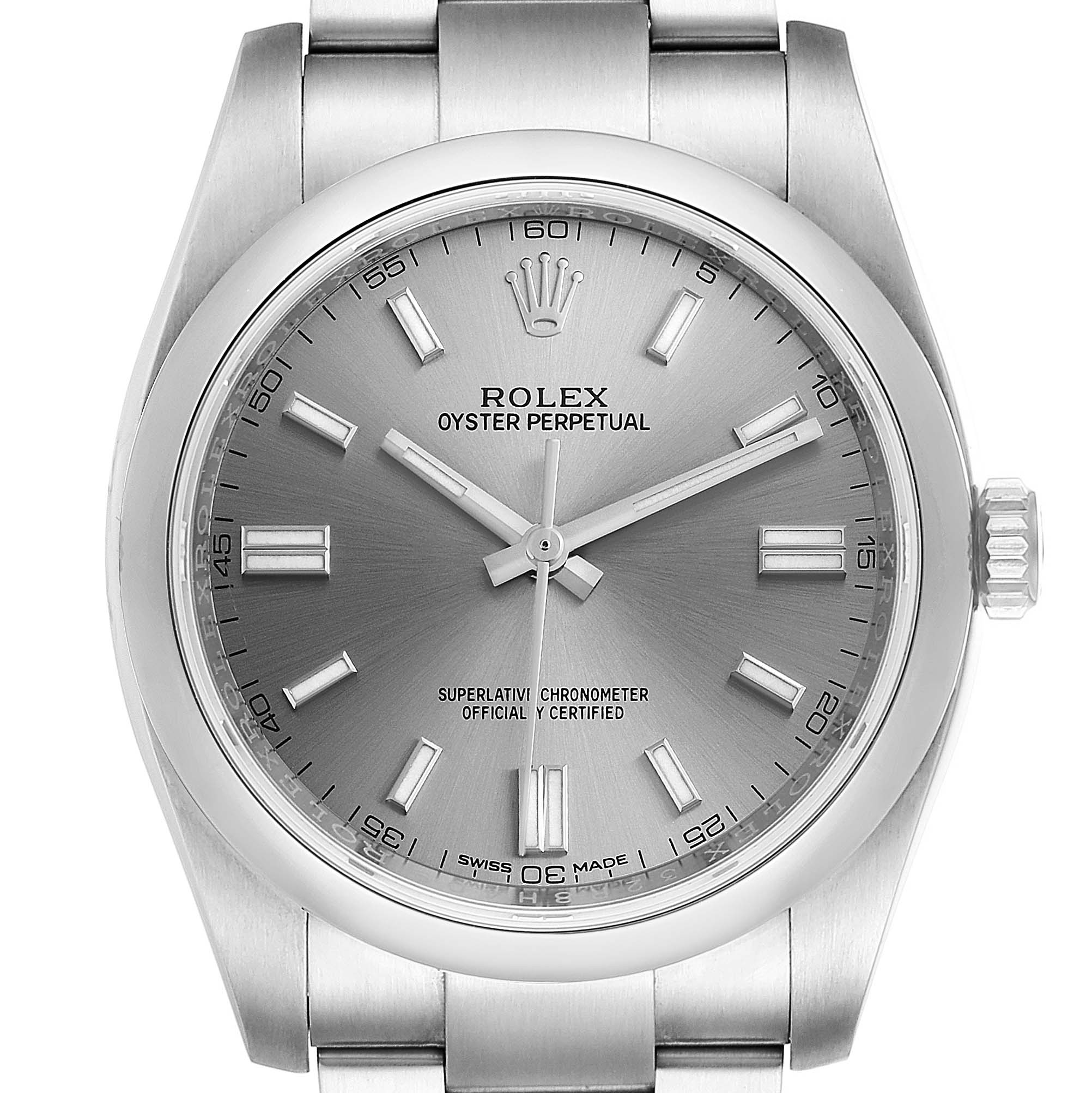 The image shows a front view of a Rolex Oyster Perpetual 116000 Men's Stainless Steel Grey Dial 116000 Men's Stainless Steel Grey Dial watch, highlighting its dial, hour markers, hands, and crown.